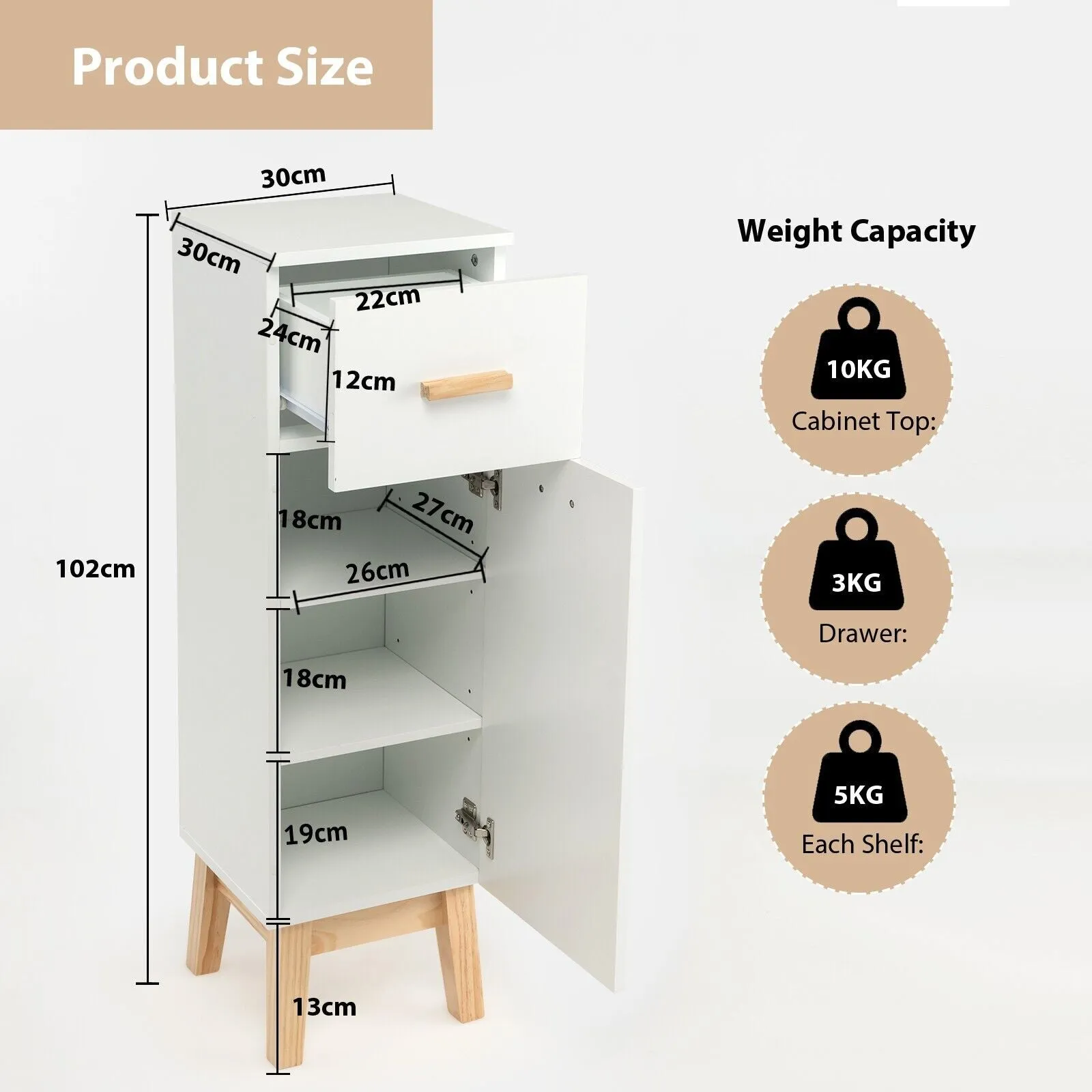 1-Door Freestanding Bathroom Cabinet with Drawer-White