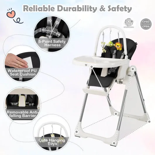 4-in-1 Foldable Baby High Chair With 7 Adjustable Heights and Free Toys Bar-Black