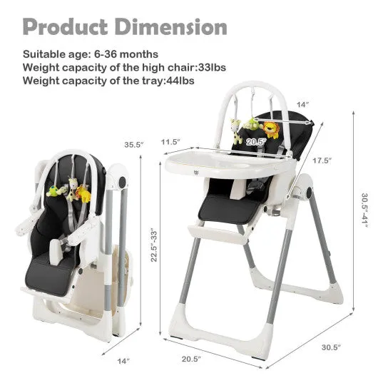 4-in-1 Foldable Baby High Chair With 7 Adjustable Heights and Free Toys Bar-Black