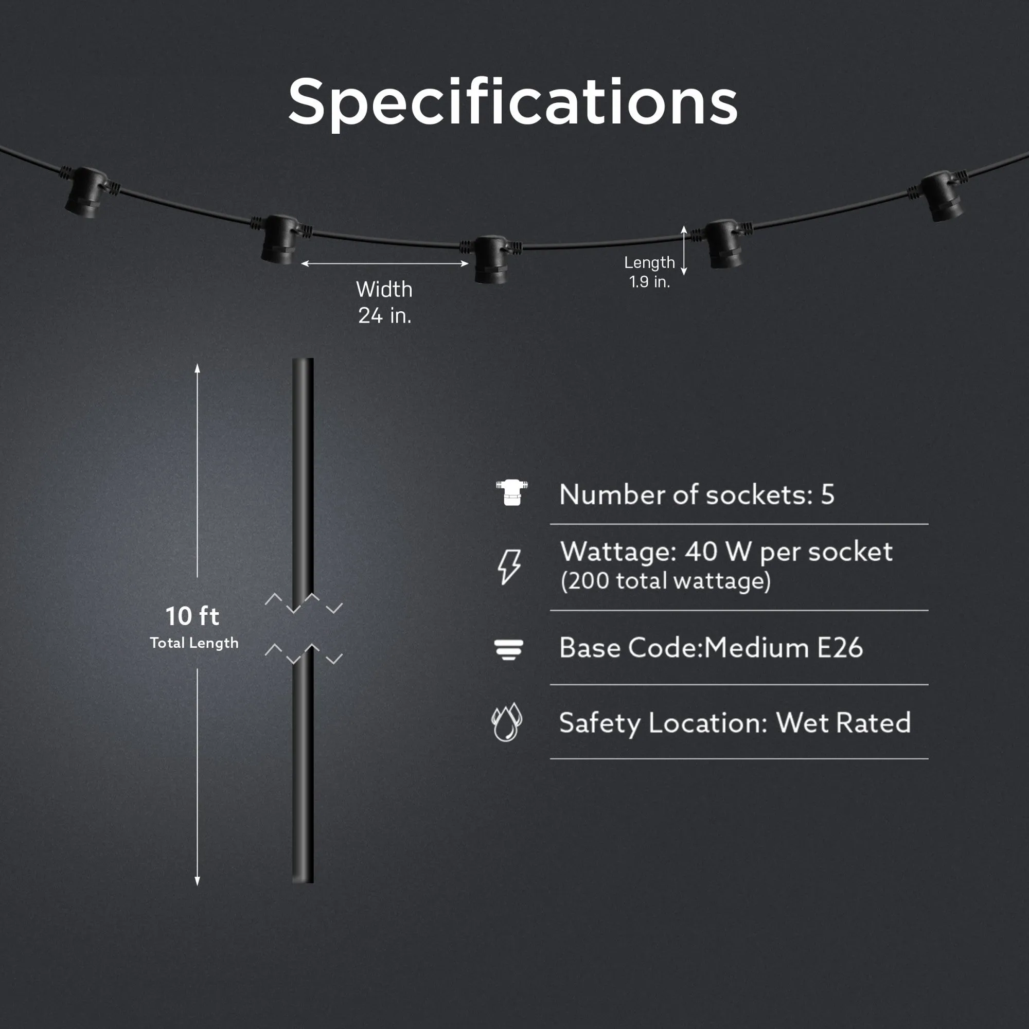 5 Socket 10-foot String Light Strand Without Bulbs