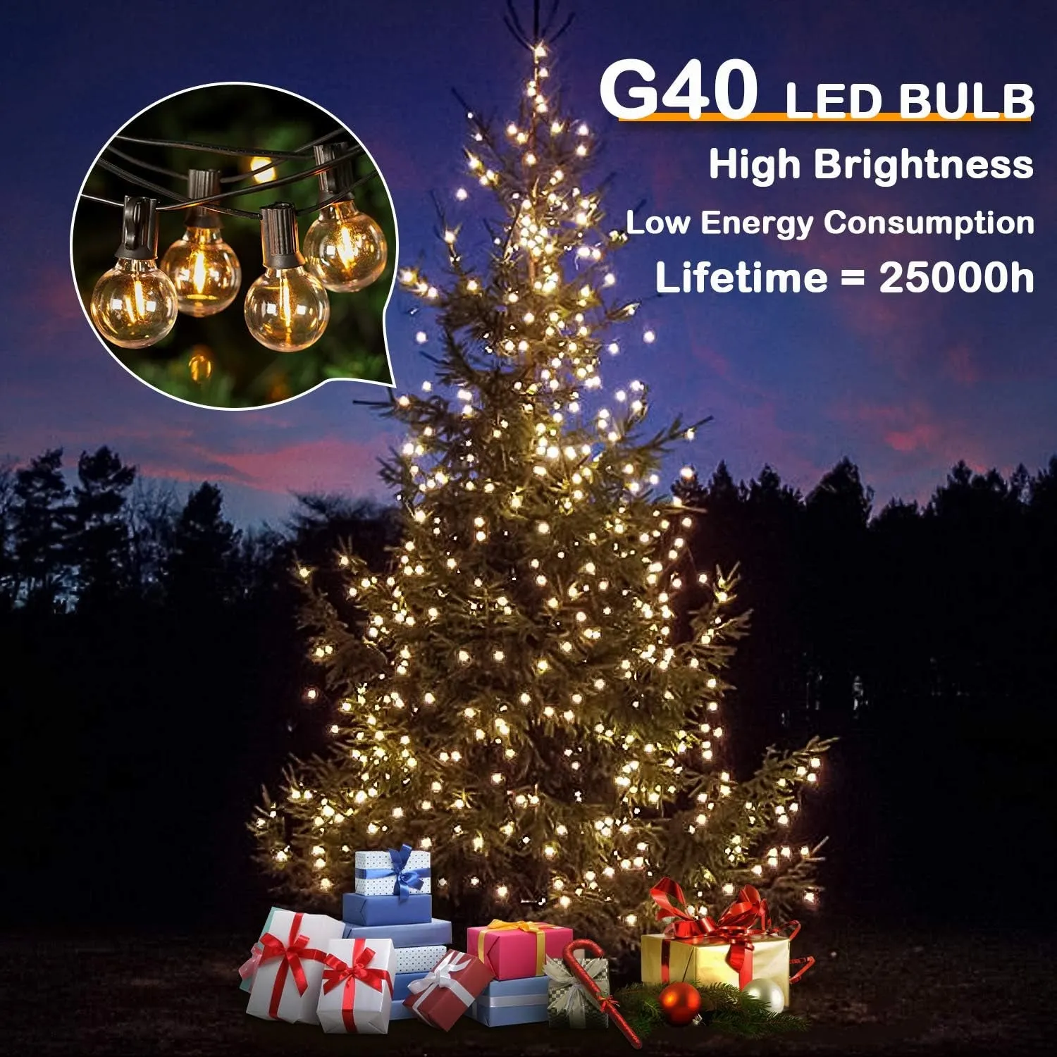 50FT Shatterproof LED G40 Globe String Lights with 50 2 Dimmable Edison Bulbs - Waterproof Outdoor Patio Lighting for Weddings, Parties, and Cafes