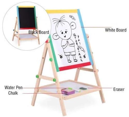 About Space Magnetic Black and White Board with Marker, Duster & Chalk | Portable & Adjustable Kids Board with Stand | Double Sided Wooden Easel for Drawing & Writing | (37 x 43 cm) 1 Pc