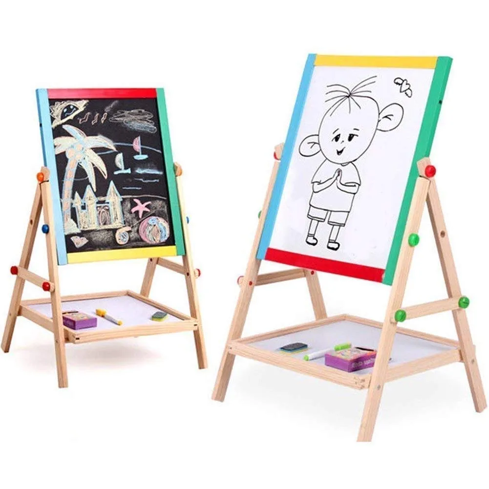 About Space Magnetic Black and White Board with Marker, Duster & Chalk | Portable & Adjustable Kids Board with Stand | Double Sided Wooden Easel for Drawing & Writing | (37 x 43 cm) 1 Pc