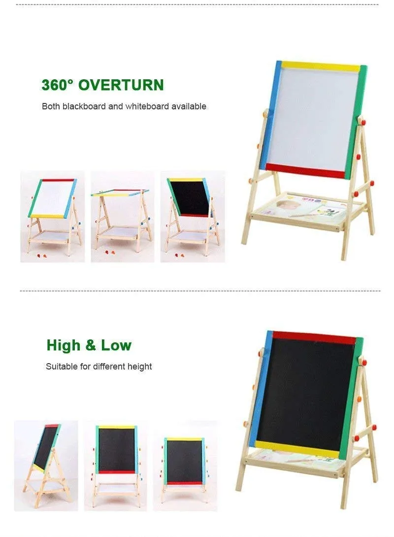 About Space Magnetic Black and White Board with Marker, Duster & Chalk | Portable & Adjustable Kids Board with Stand | Double Sided Wooden Easel for Drawing & Writing | (37 x 43 cm) 1 Pc