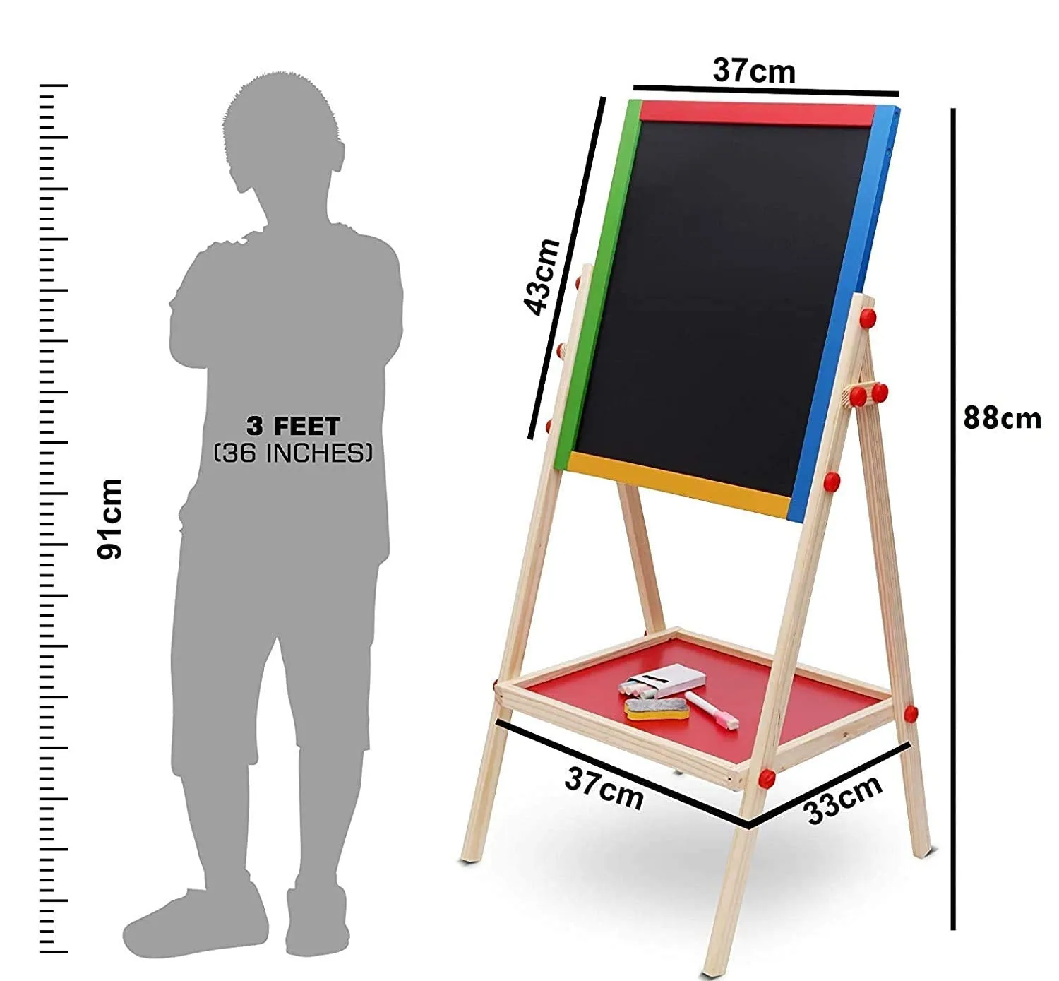 About Space Magnetic Black and White Board with Marker, Duster & Chalk | Portable & Adjustable Kids Board with Stand | Double Sided Wooden Easel for Drawing & Writing | (37 x 43 cm) 1 Pc