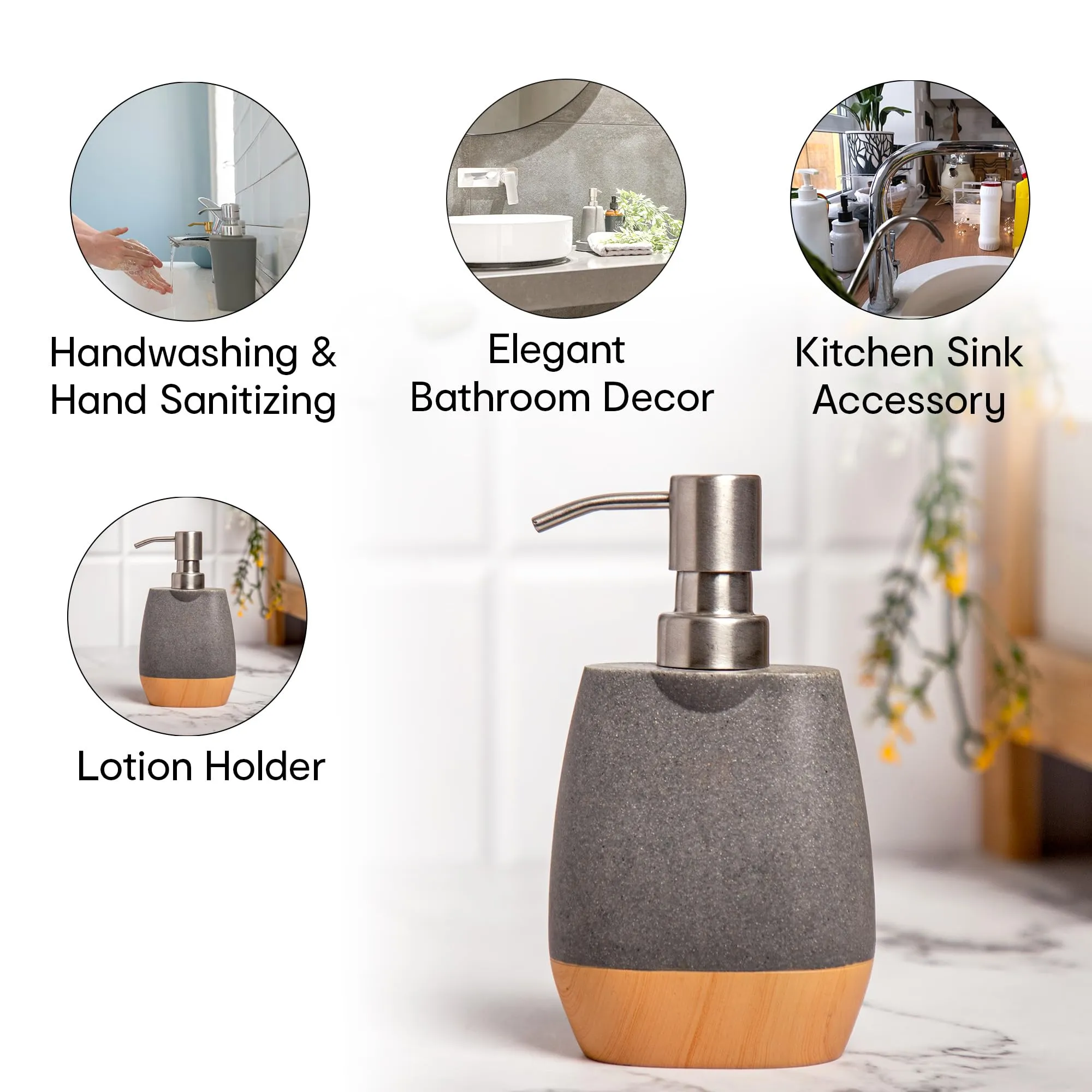 Anko Sanctuary Soap Dispenser | Grey Polyresin Soap Dispenser with Versatile Mounting Options | Grey, 120ml Capacity