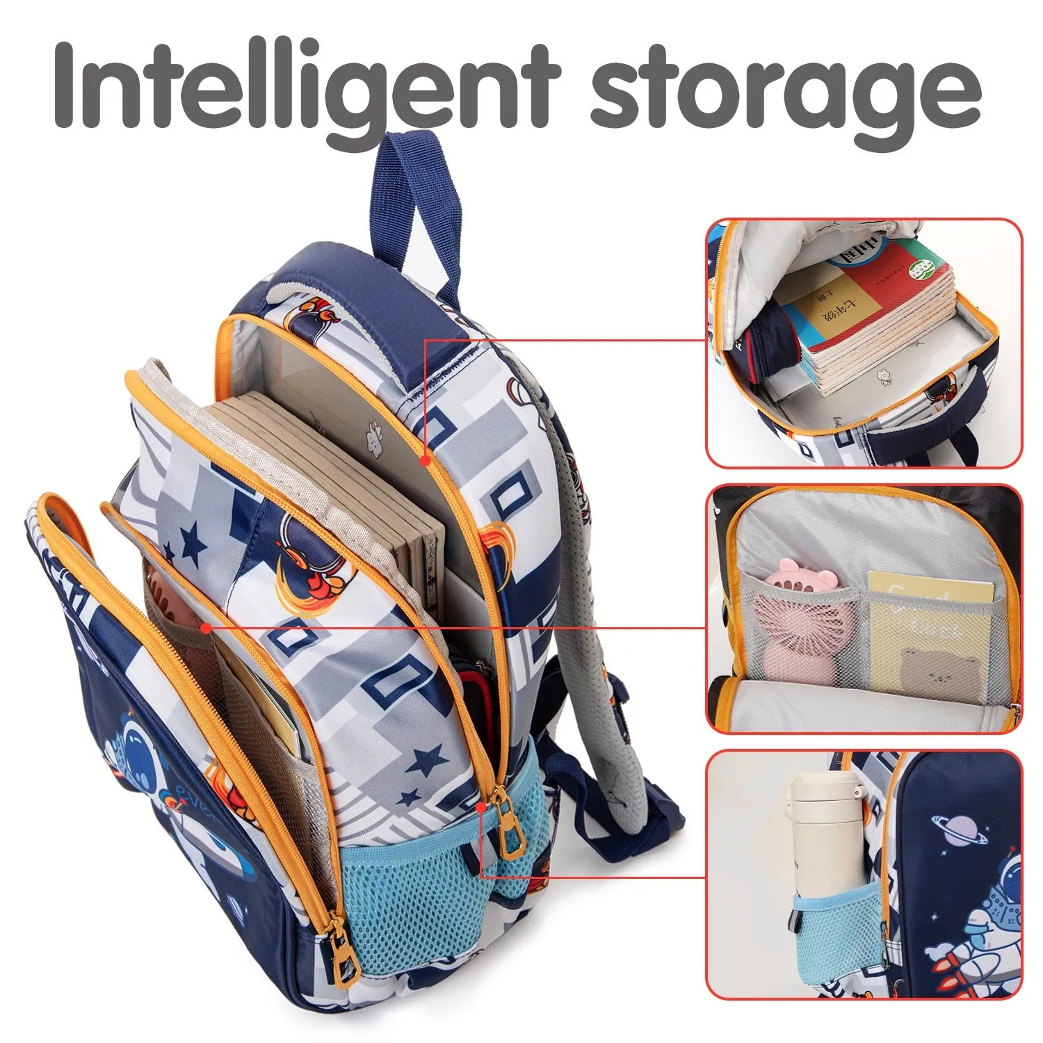 Astro on Rocket Design Backpack for Kids (White-Navy Blue)