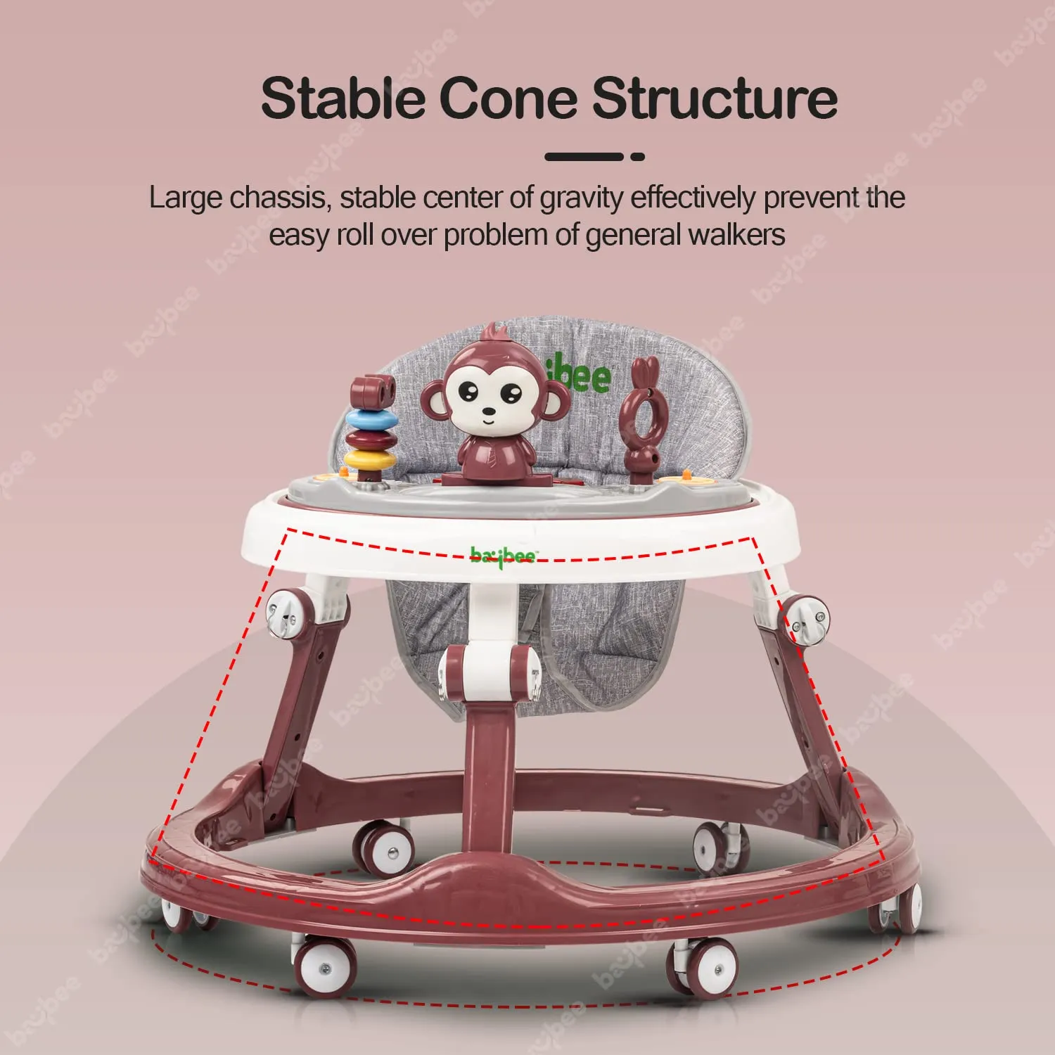 Baybee Drono Baby Walker for Kids, Round Kids Walker with 4 Seat Height Adjustable | Foldable Activity Walker for Baby with Food Tray & Musical Toy Bar | Walker Baby 6-18 Months Boys Girls (Red)