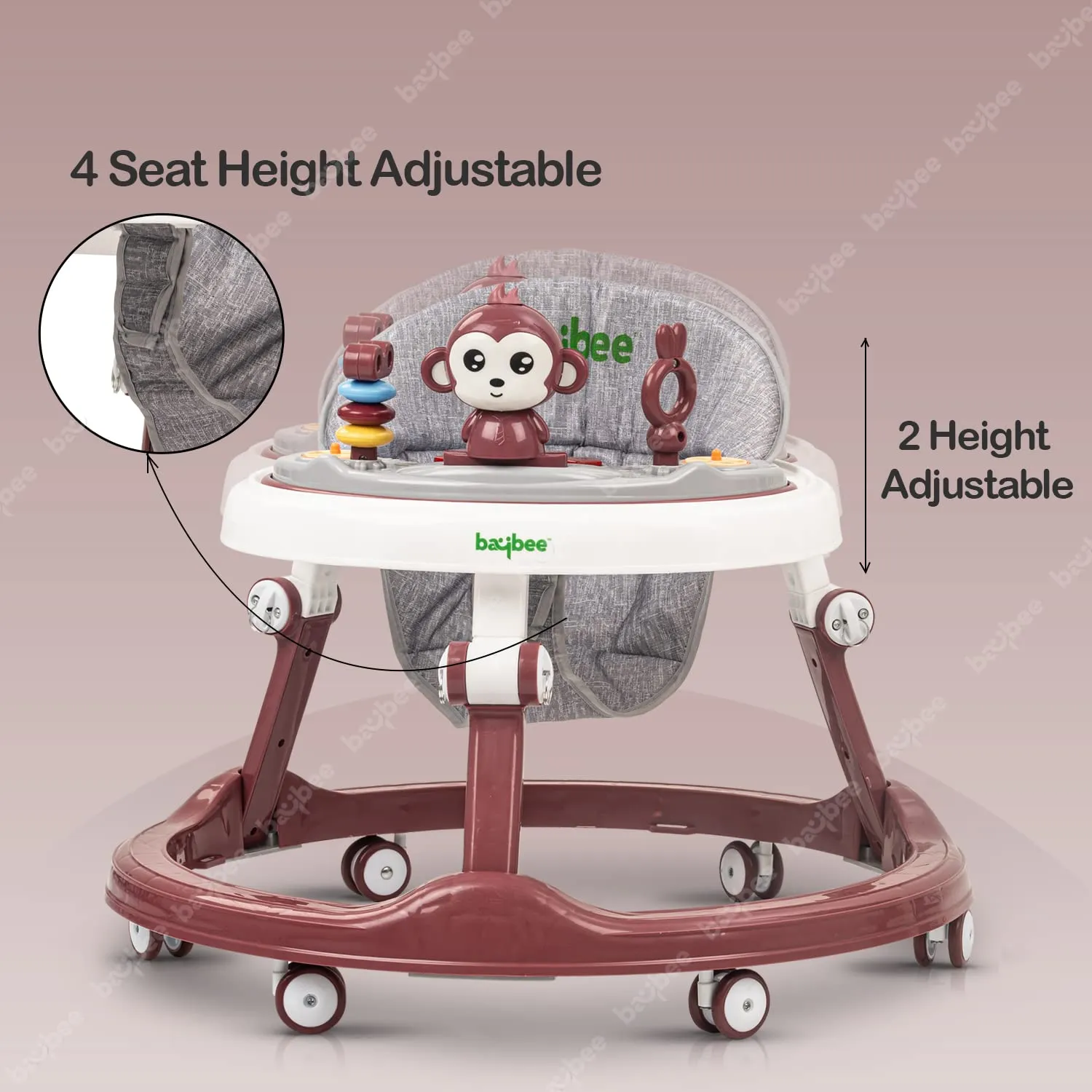 Baybee Drono Baby Walker for Kids, Round Kids Walker with 4 Seat Height Adjustable | Foldable Activity Walker for Baby with Food Tray & Musical Toy Bar | Walker Baby 6-18 Months Boys Girls (Red)