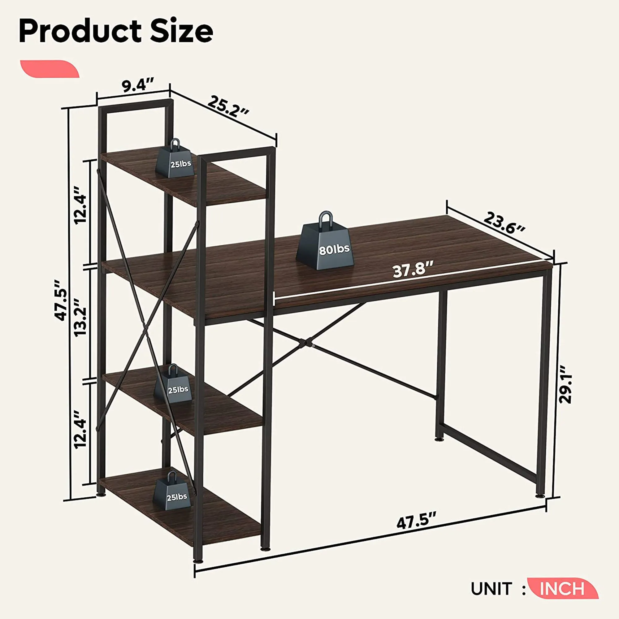 Bestier 47 Inch Computer Writing Desk w/ Storage Shelves for Small Spaces, Brown