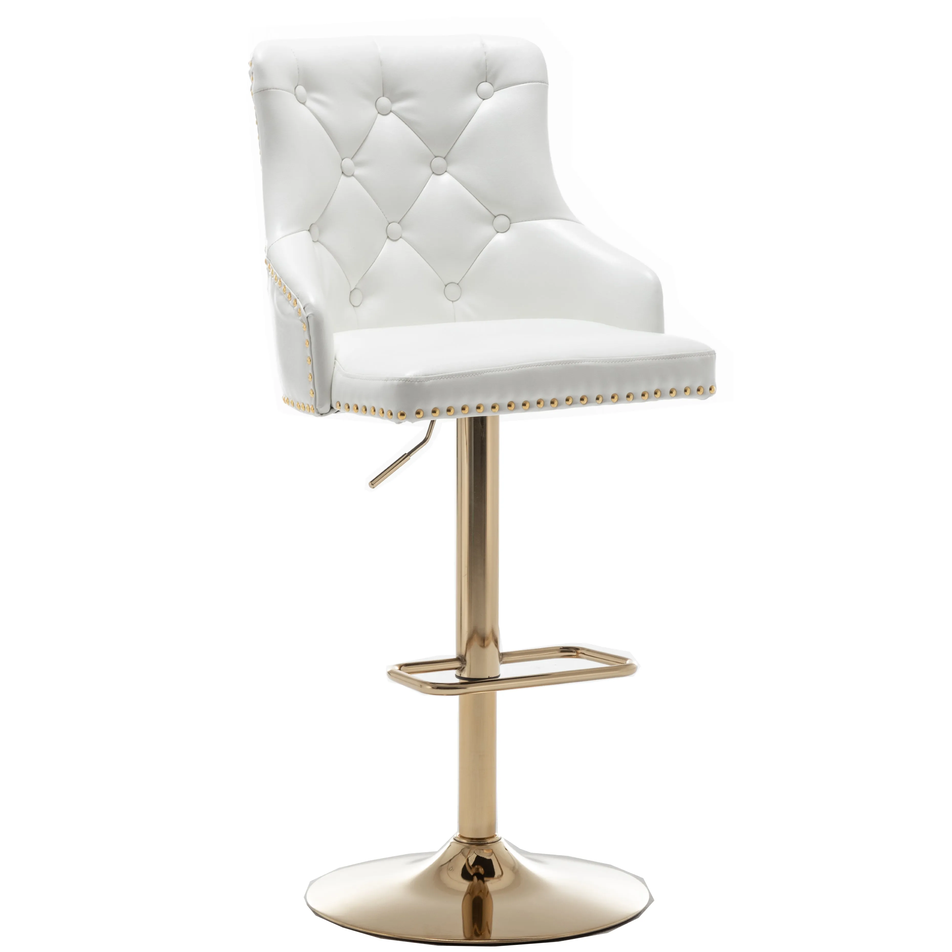 BTEXPERT Plush Velvet Adjustable 360 Swivel High Back Stool Bar Chairs, White PU Leather Tufted Golden Chrome Base & Nailhead Trim, Set Of 2