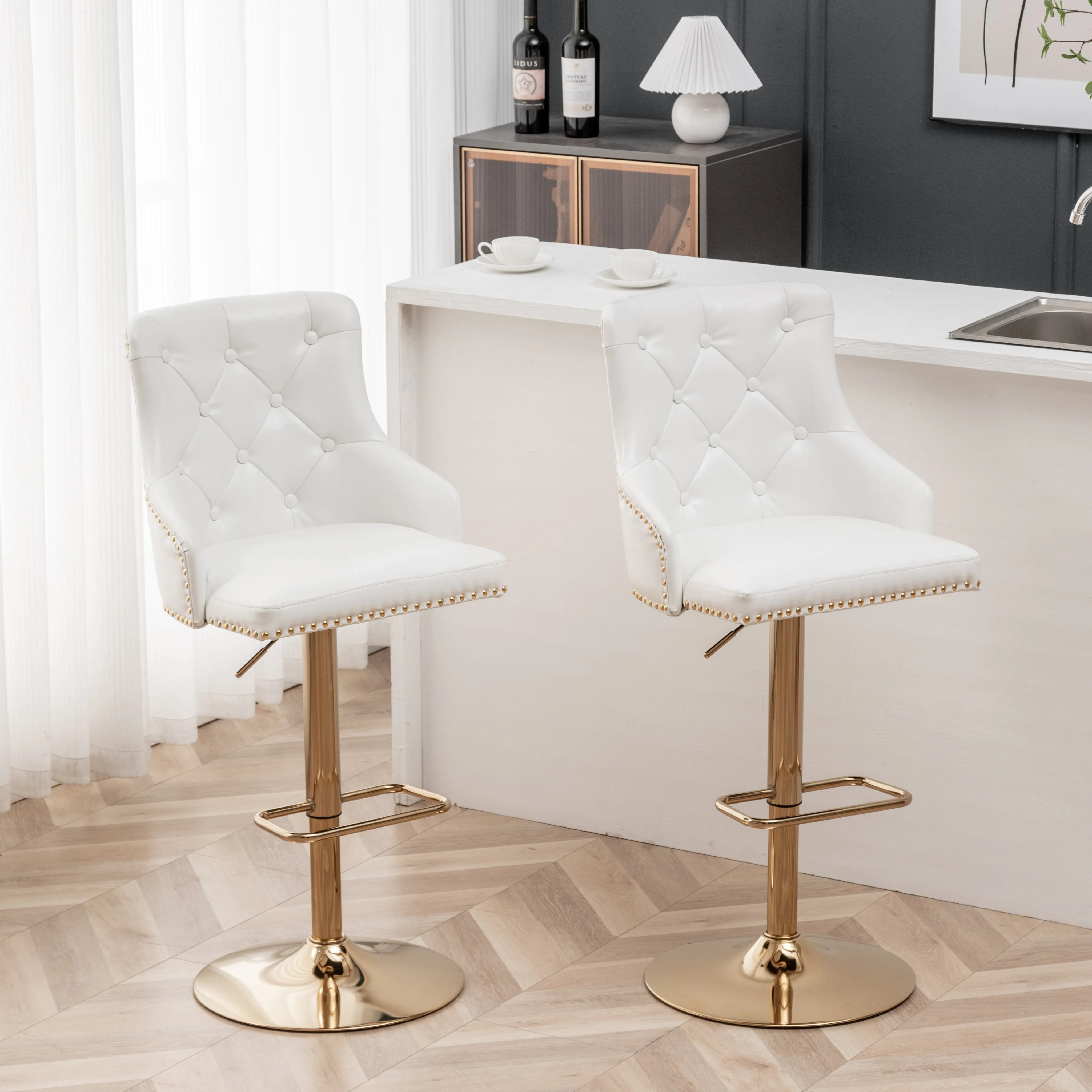 BTEXPERT Plush Velvet Adjustable 360 Swivel High Back Stool Bar Chairs, White PU Leather Tufted Golden Chrome Base & Nailhead Trim, Set Of 2