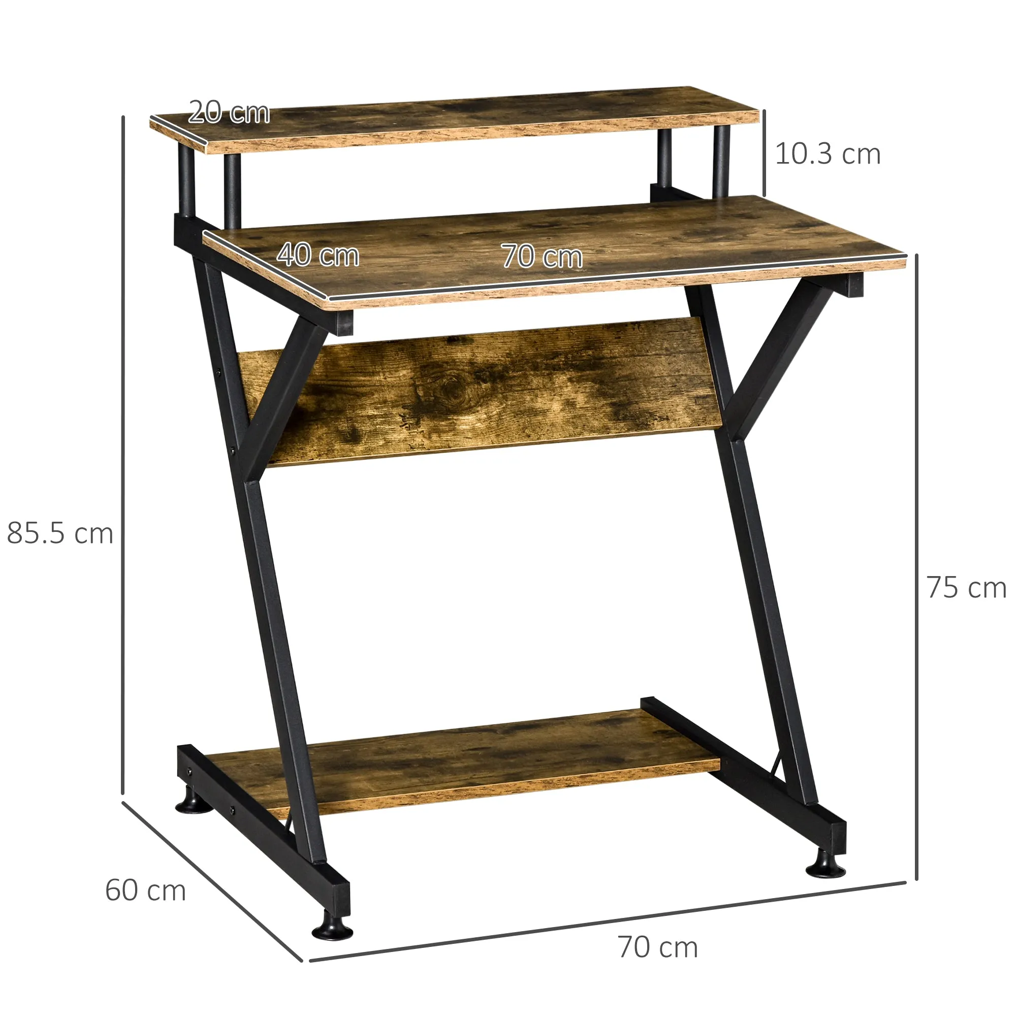 Compact Computer Table, R Shape Desk with Monitor Shelf and Storage for Home Office, Small, Study and Gaming 70cm, Brown