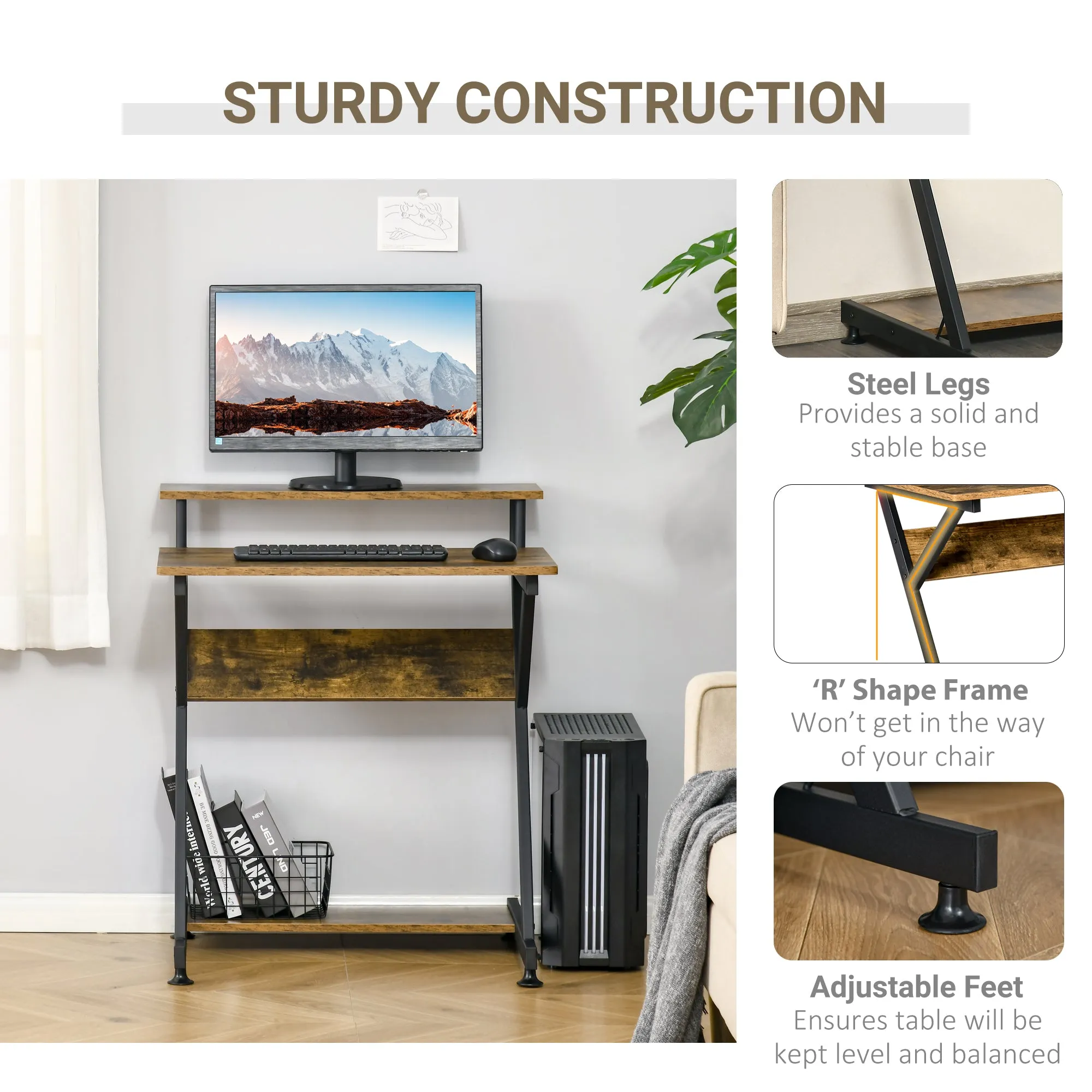 Compact Computer Table, R Shape Desk with Monitor Shelf and Storage for Home Office, Small, Study and Gaming 70cm, Brown