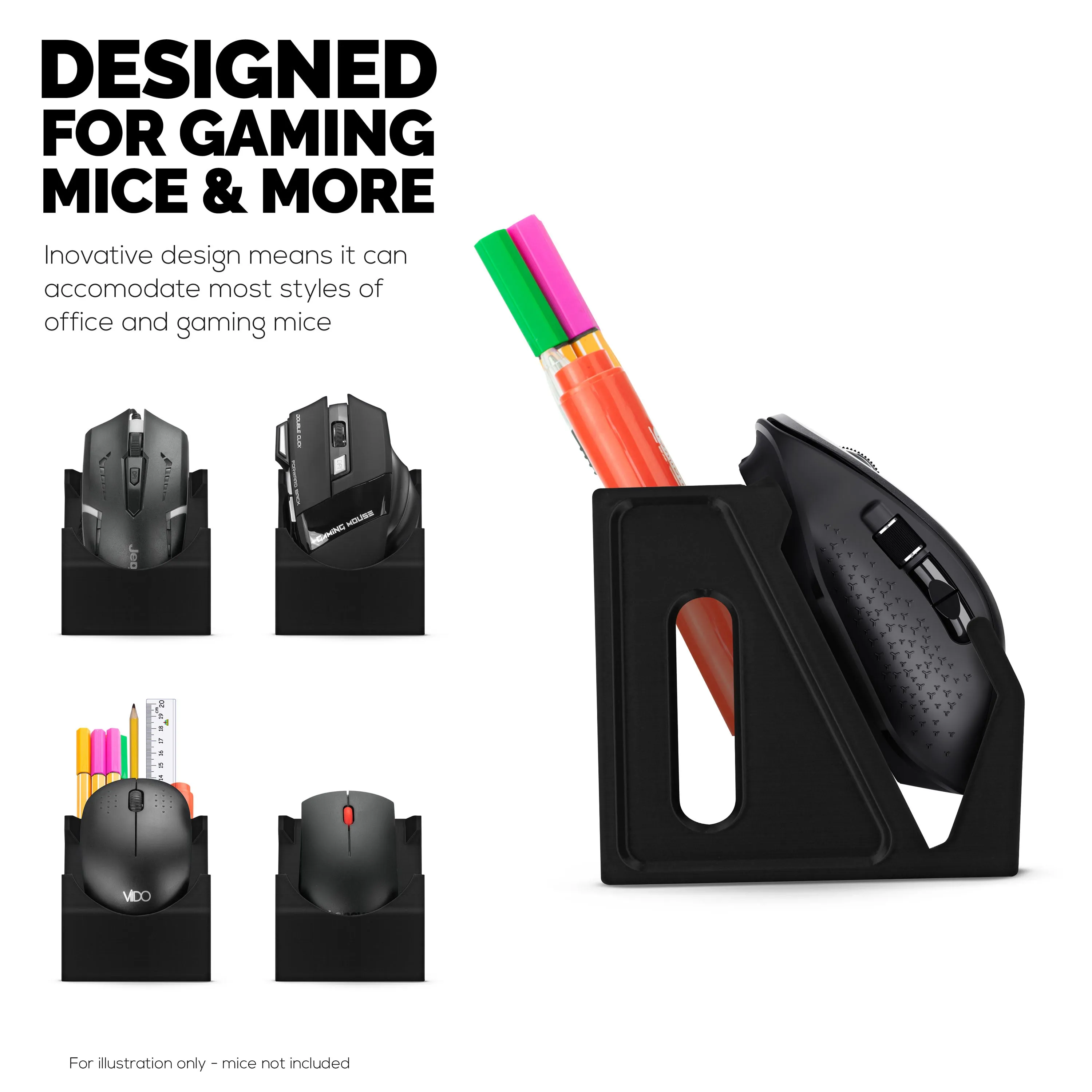 Desktop PC Mouse Stand Holder with Stationary Pen Holder, For Gaming & Office Mice From Logitech, Razer, Corsair & More