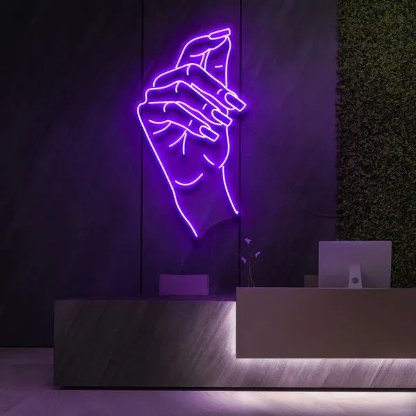 Elegant and Stylish Design Neon Sign Gracefully Poised Hand in Vivid Pink Glow for Beauty and Cosmetic Studios