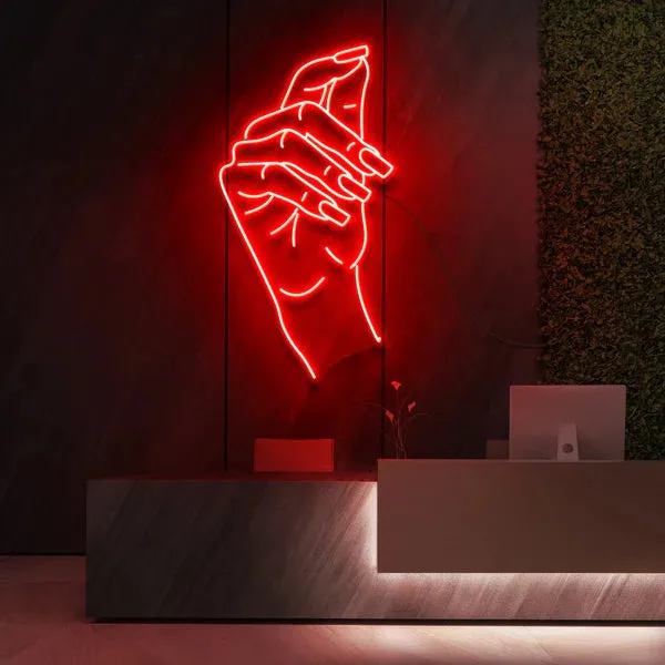 Elegant and Stylish Design Neon Sign Gracefully Poised Hand in Vivid Pink Glow for Beauty and Cosmetic Studios