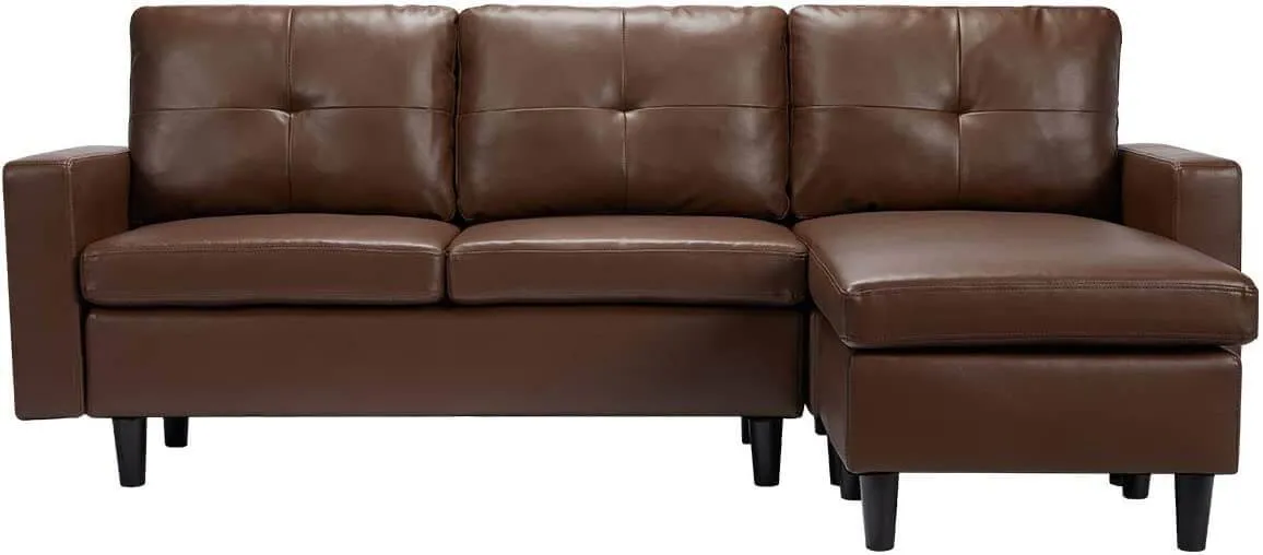 Faux Leather Sectional Sofa Convertible Couch Brown Leather L-Shape Couch for Small Space Apartment