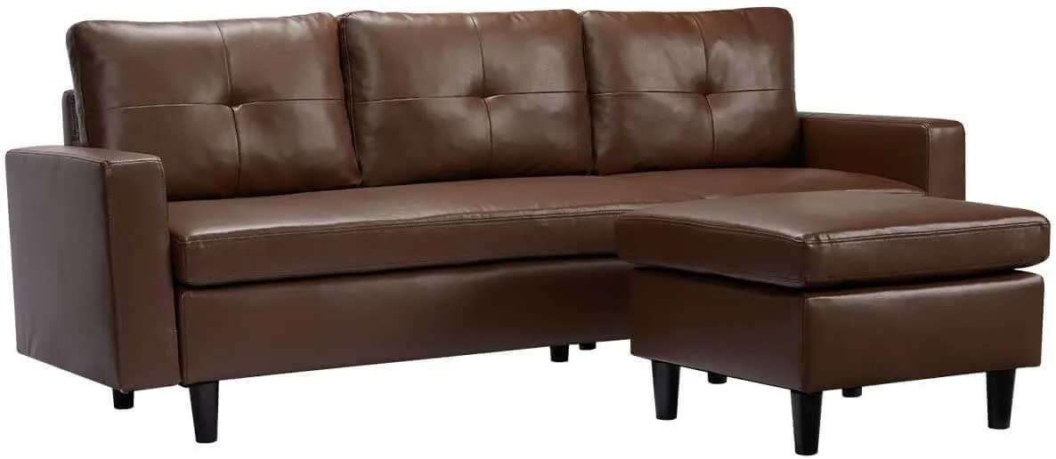 Faux Leather Sectional Sofa Convertible Couch Brown Leather L-Shape Couch for Small Space Apartment