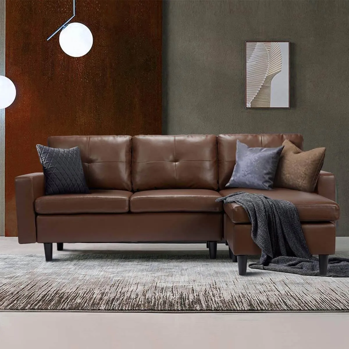 Faux Leather Sectional Sofa Convertible Couch Brown Leather L-Shape Couch for Small Space Apartment