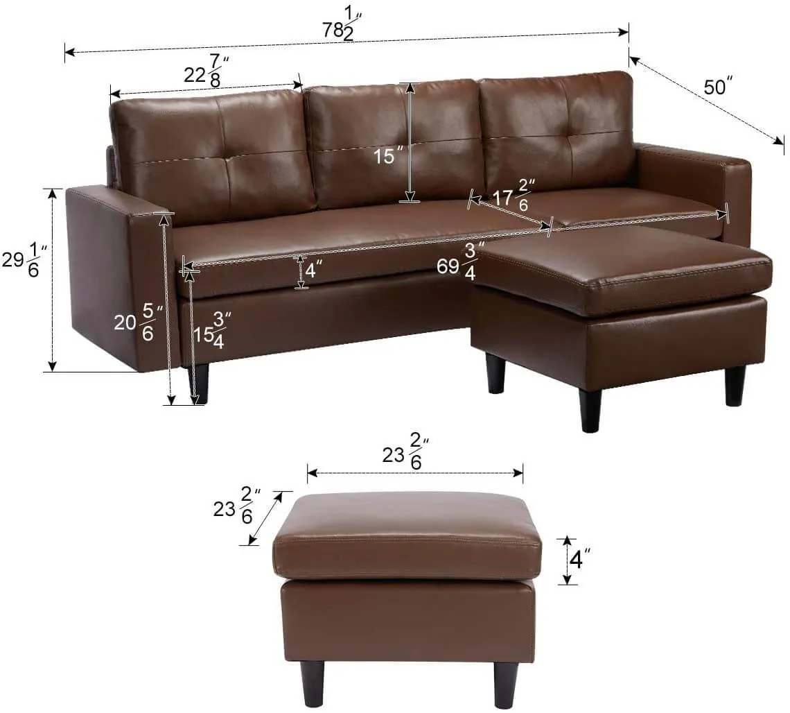 Faux Leather Sectional Sofa Convertible Couch Brown Leather L-Shape Couch for Small Space Apartment