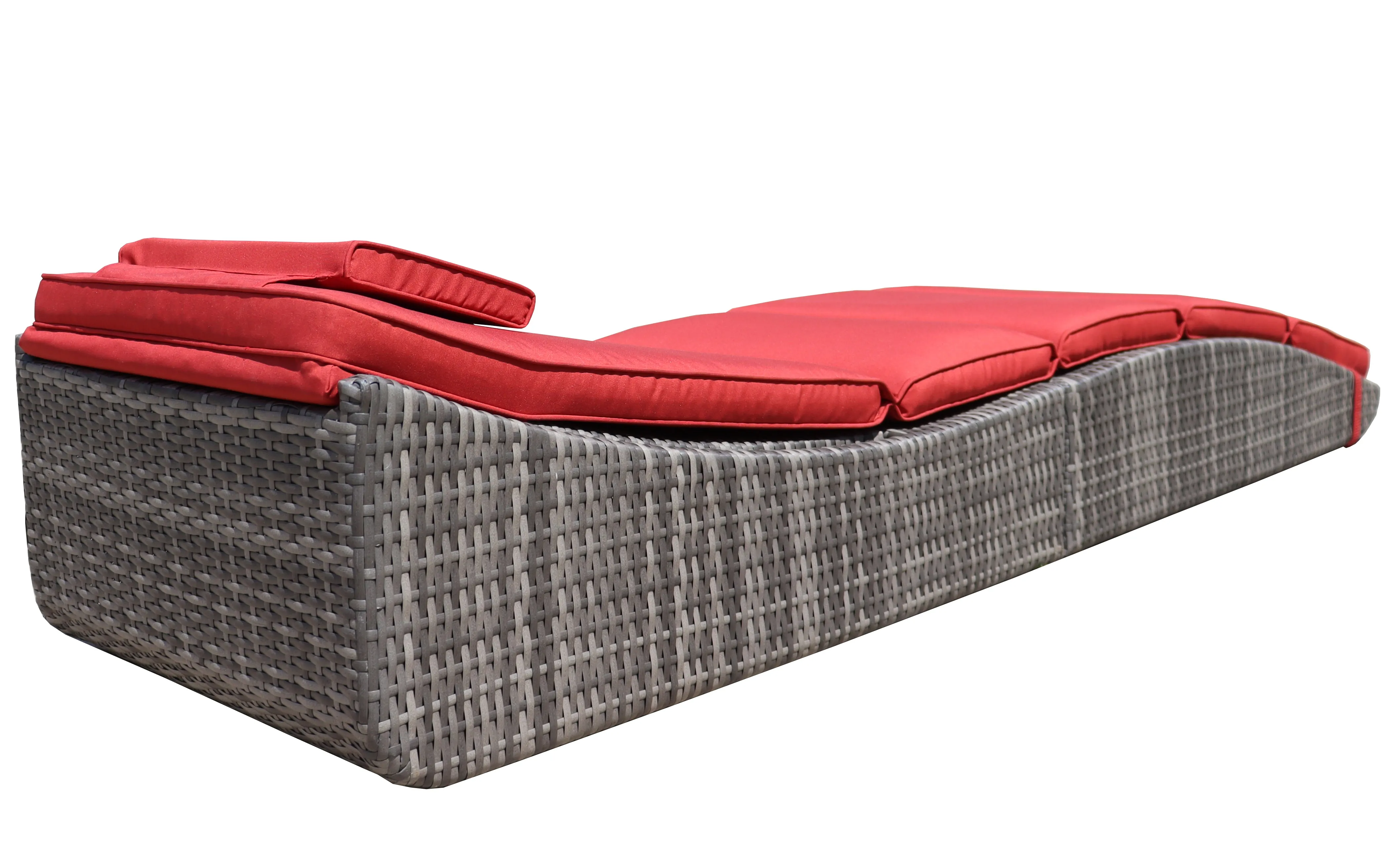 Foldable Outdoor Chaise Pool Lounge Chair Folding Wicker Rattan Sun bed Patio Couch Reclining lounger Adjustable Padded Backrest Pillow Assembled - Red Burgundy Set of 2