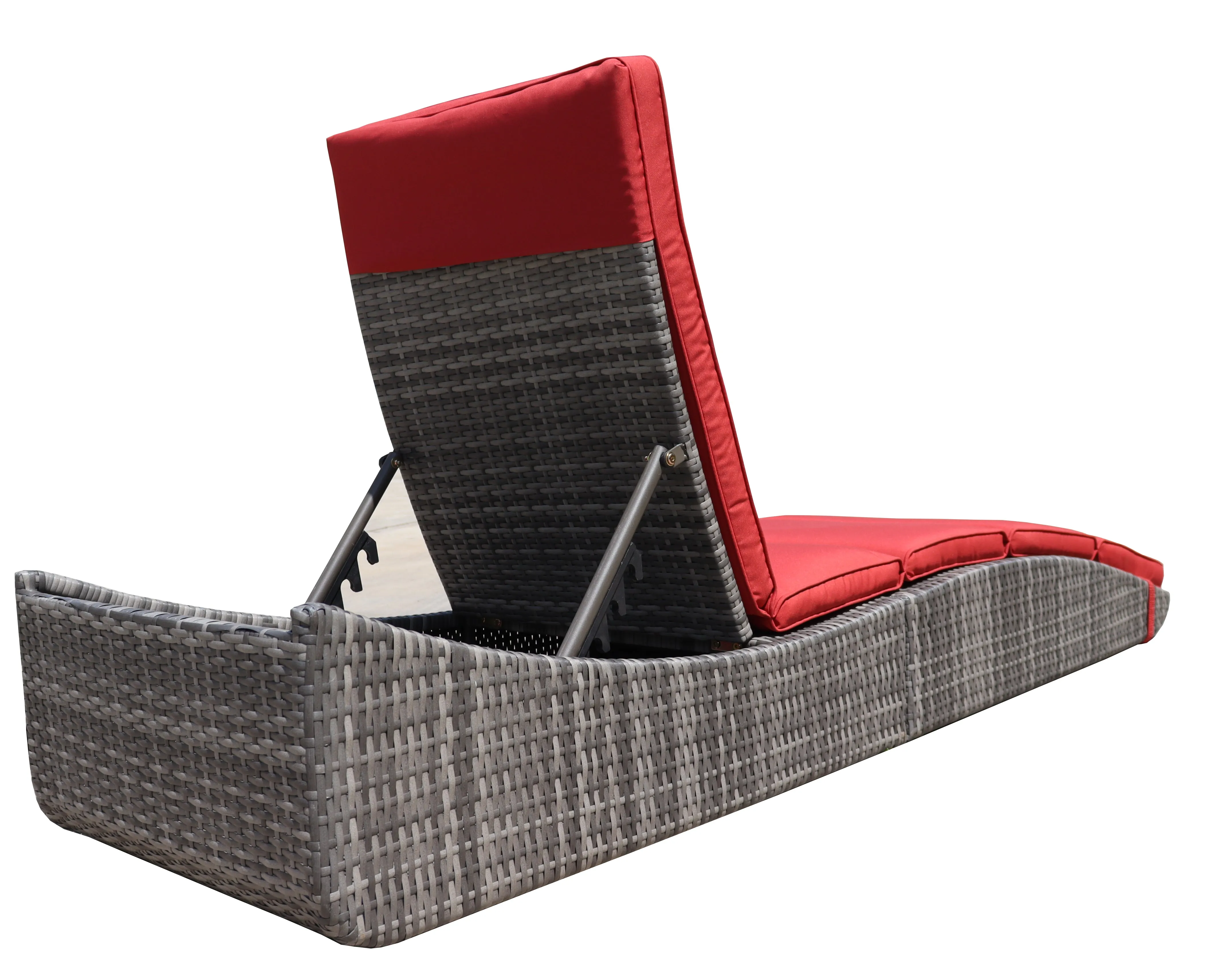 Foldable Outdoor Chaise Pool Lounge Chair Folding Wicker Rattan Sun bed Patio Couch Reclining lounger Adjustable Padded Backrest Pillow Assembled - Red Burgundy Set of 2