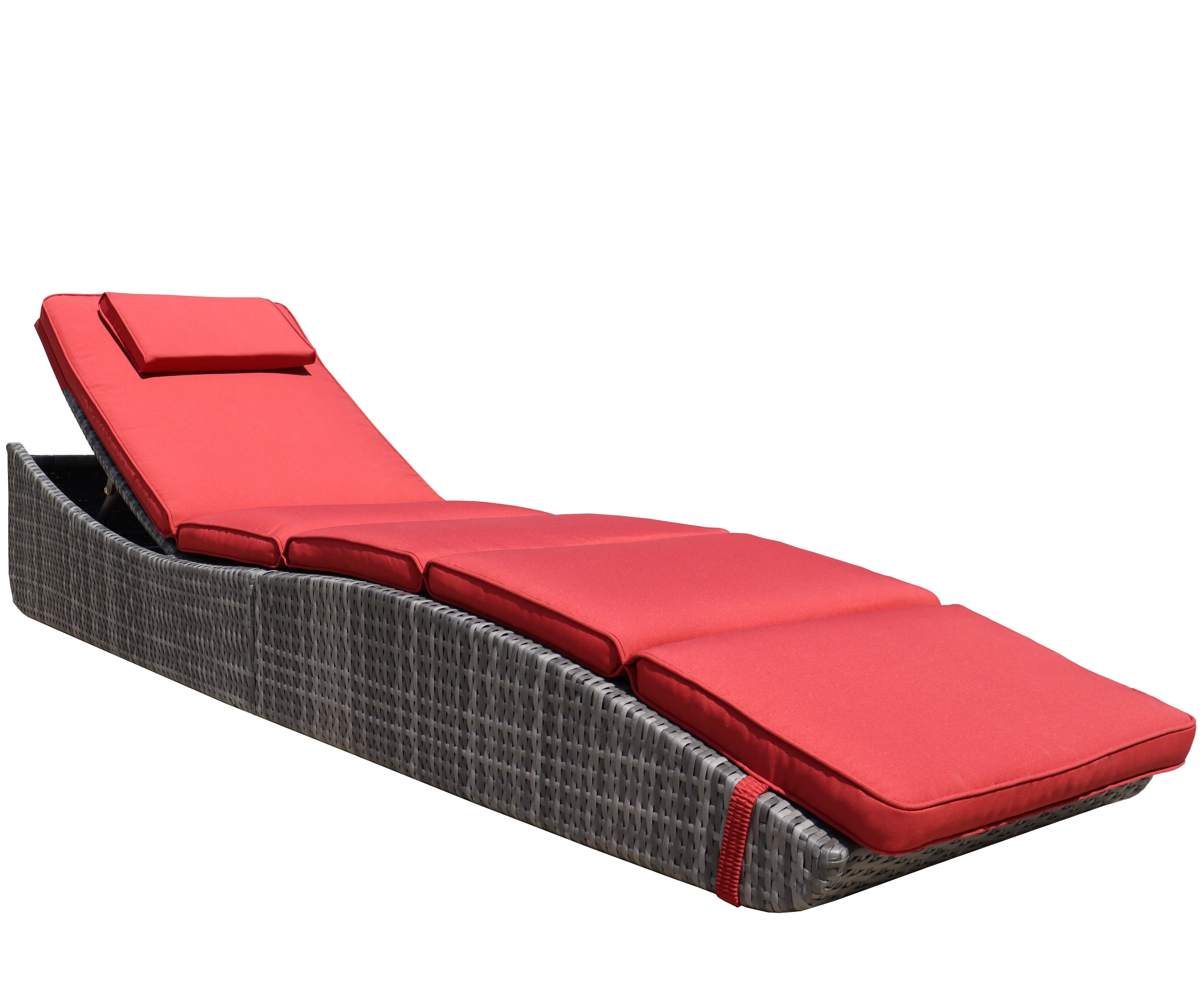 Foldable Outdoor Chaise Pool Lounge Chair Folding Wicker Rattan Sun bed Patio Couch Reclining lounger Adjustable Padded Backrest Pillow Assembled - Red Burgundy