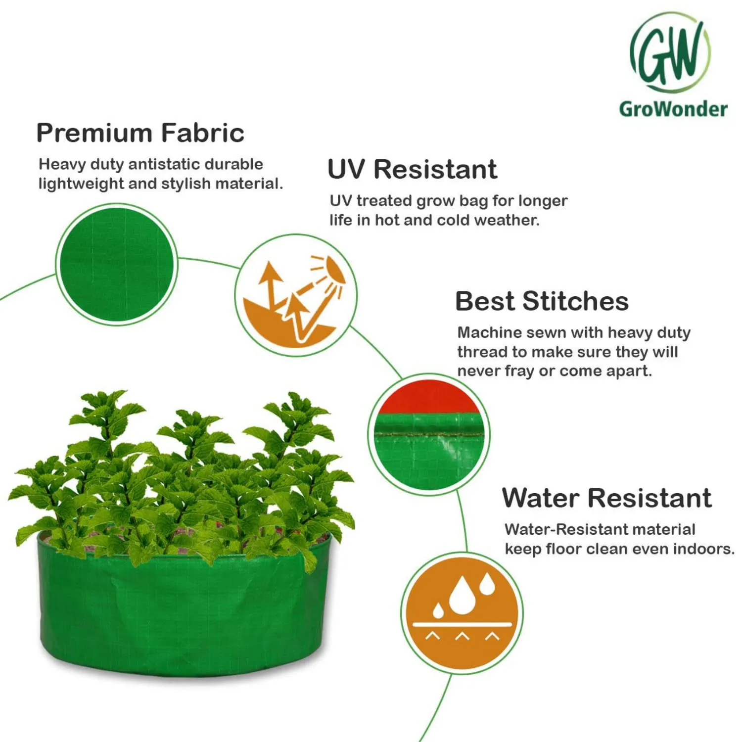 GroWonder Plant Grow Bags 15in x 15in, Terrace Gardening Vegetable Planting Pots, Woven Fabric Leafy Fruits Growing Containers- Pack of 10