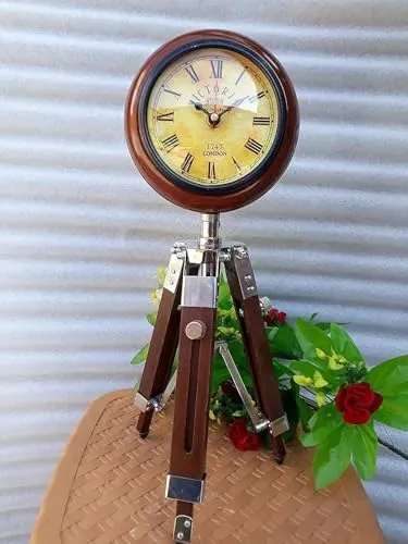 Handmade Wooden Table Clock with Adjustable Tripod Stand Heavy Quality (Brown), Tripod 5 inch Clock for Office & Home Decor