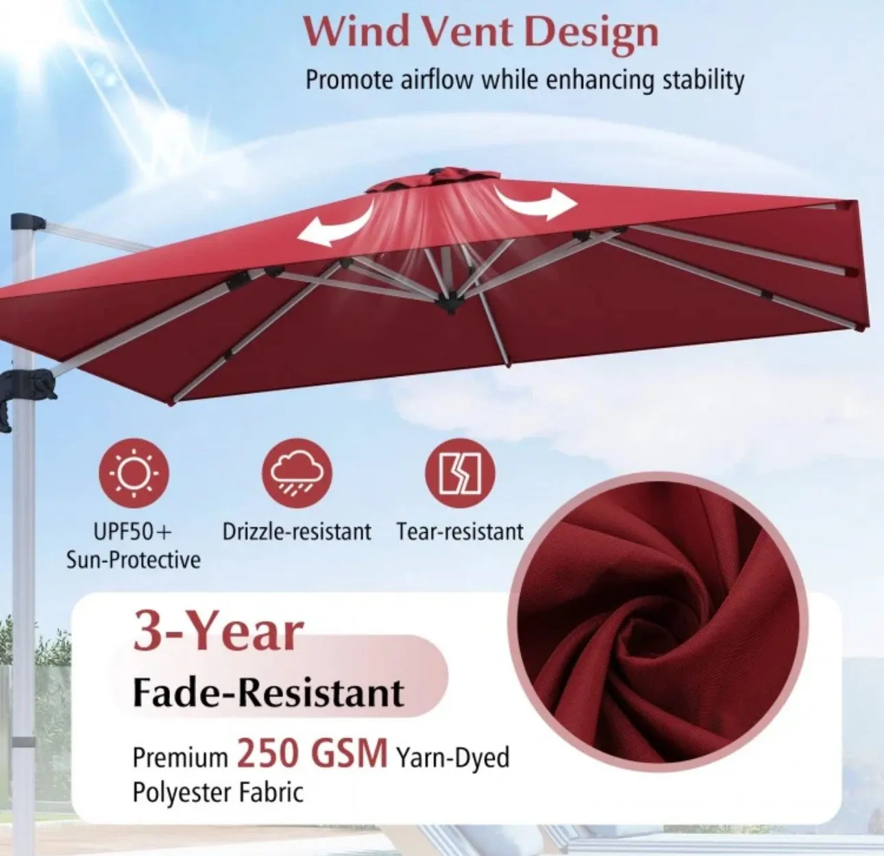 Heavy Duty Sturdy 10FT Outdoor Patio Canopy Umbrella Square Cantilever Umbrella With 360° Rotation & 5 Adjustable Tilt | Vent | Easy Operate