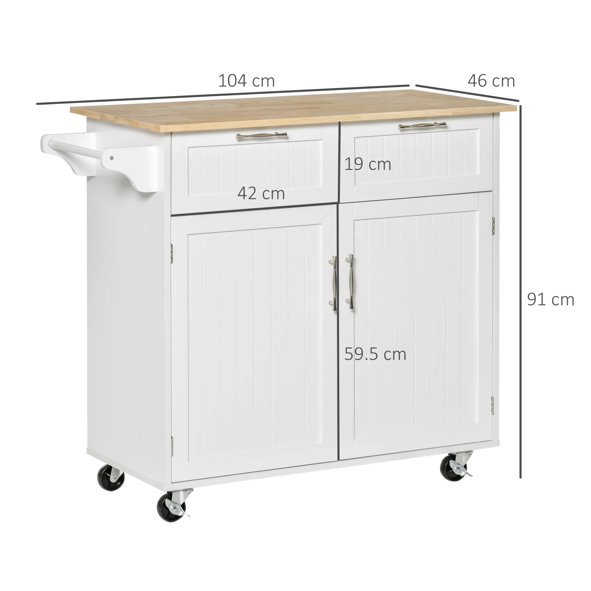 HOMCOM Modern White Rolling Kitchen Island Cart - Rubberwood Top & Ample Storage