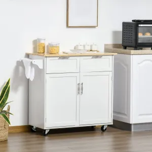 HOMCOM Modern White Rolling Kitchen Island Cart - Rubberwood Top & Ample Storage