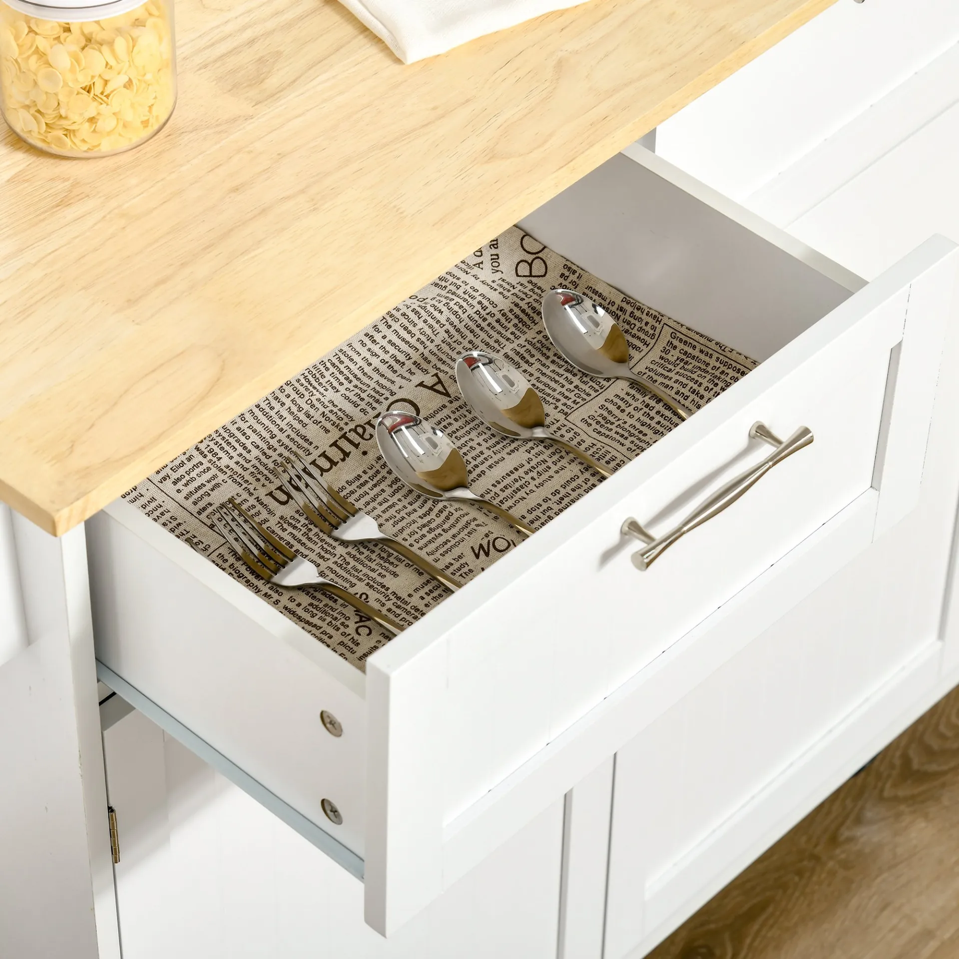 HOMCOM Modern White Rolling Kitchen Island Cart - Rubberwood Top & Ample Storage