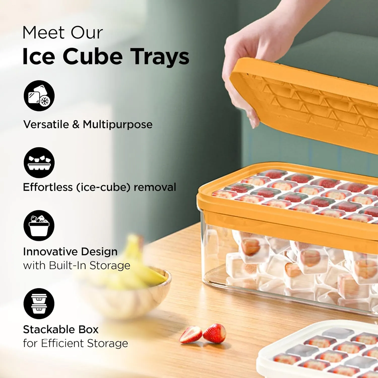 Homestic 2 Layer Ice Cube Trays with Storage Box & Ice Scoop | 56 Compartments | One Press Demolding | Ice Cubes for Whiskey Cocktails Mocktails Soft Drinks | BPA Free | Orange