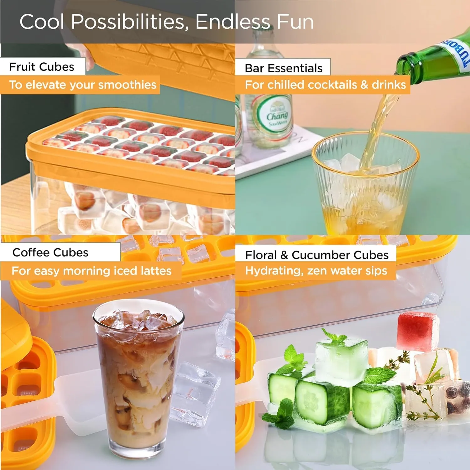 Homestic 2 Layer Ice Cube Trays with Storage Box & Ice Scoop | 56 Compartments | One Press Demolding | Ice Cubes for Whiskey Cocktails Mocktails Soft Drinks | BPA Free | Orange