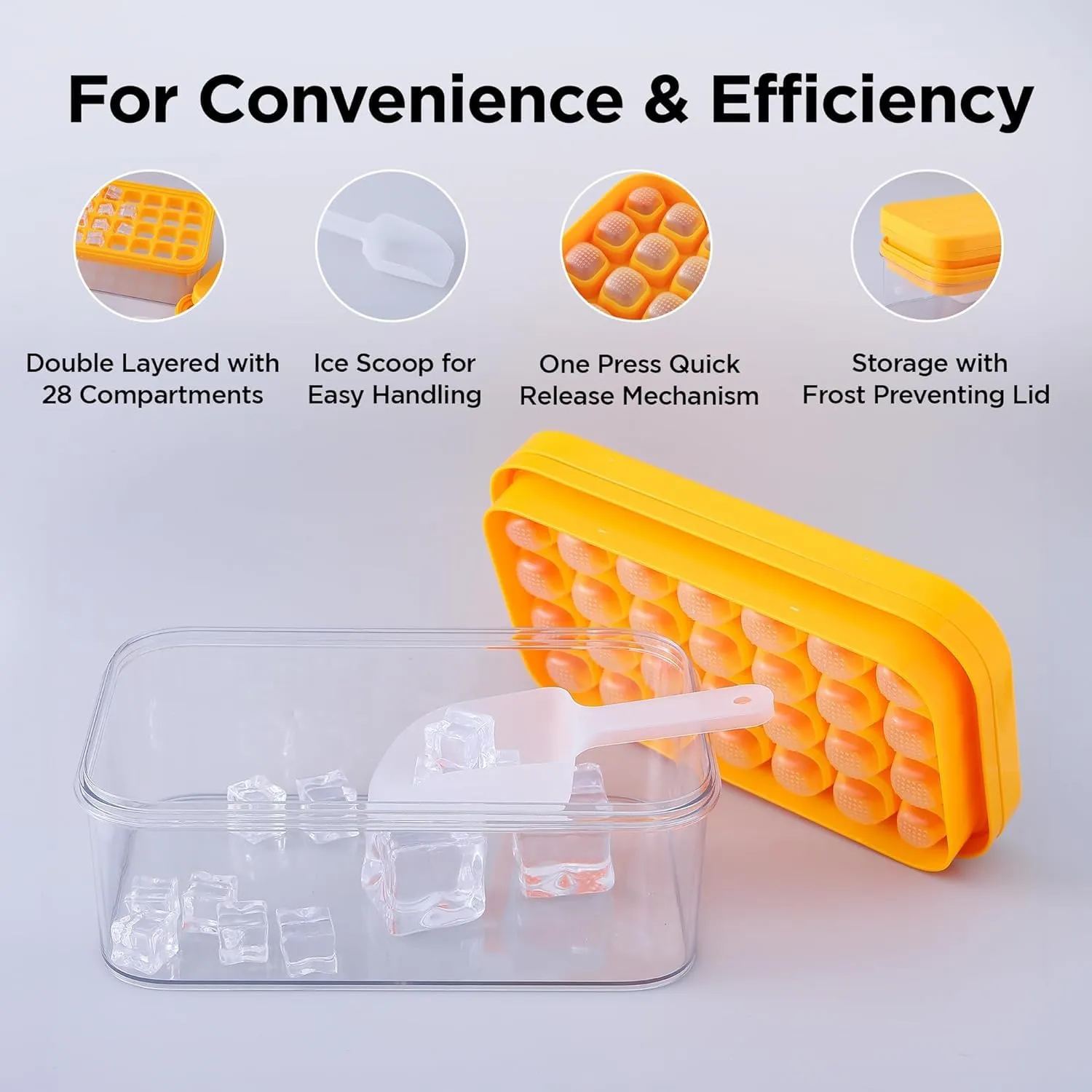 Homestic 2 Layer Ice Cube Trays with Storage Box & Ice Scoop | 56 Compartments | One Press Demolding | Ice Cubes for Whiskey Cocktails Mocktails Soft Drinks | BPA Free | Orange