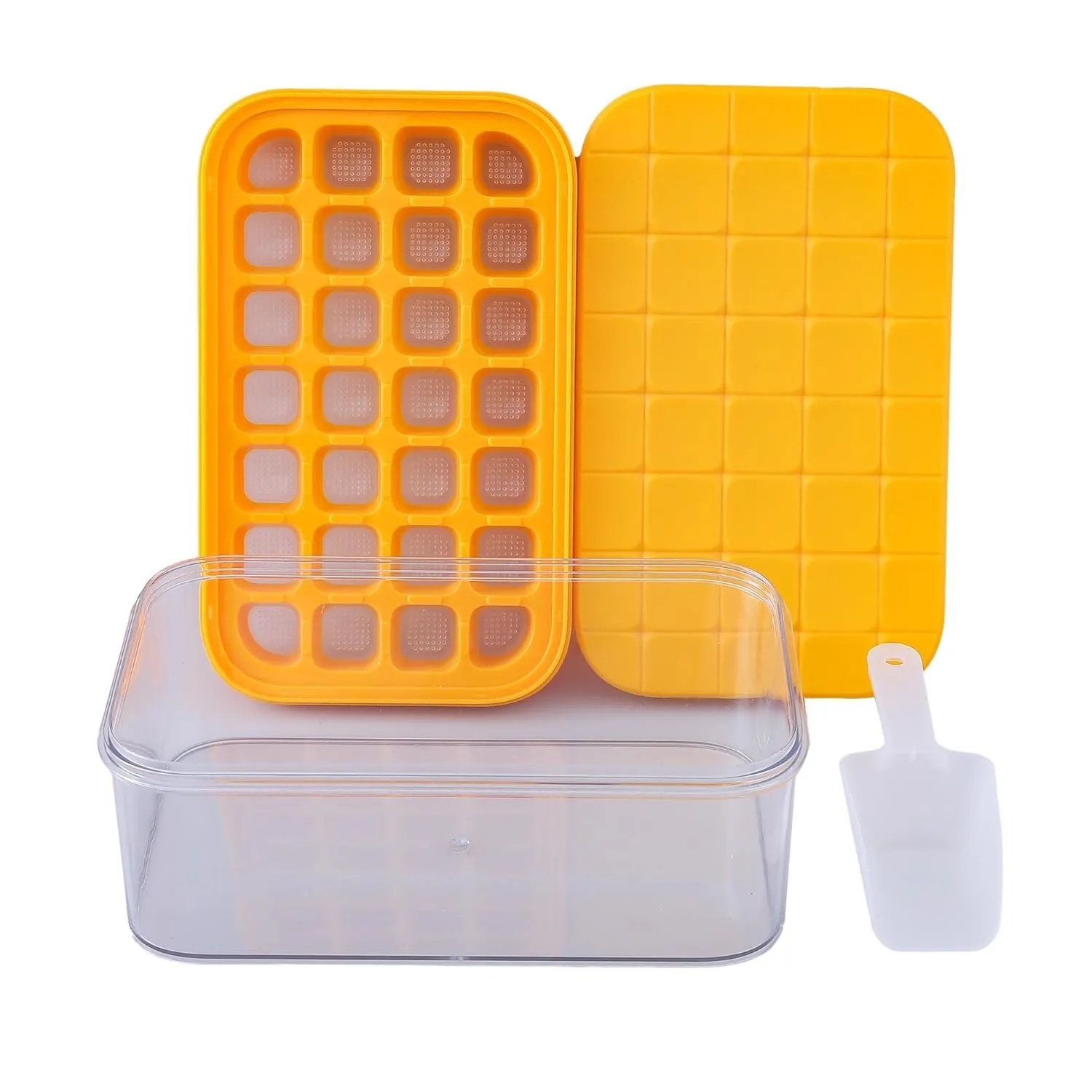 Homestic 2 Layer Ice Cube Trays with Storage Box & Ice Scoop | 56 Compartments | One Press Demolding | Ice Cubes for Whiskey Cocktails Mocktails Soft Drinks | BPA Free | Orange