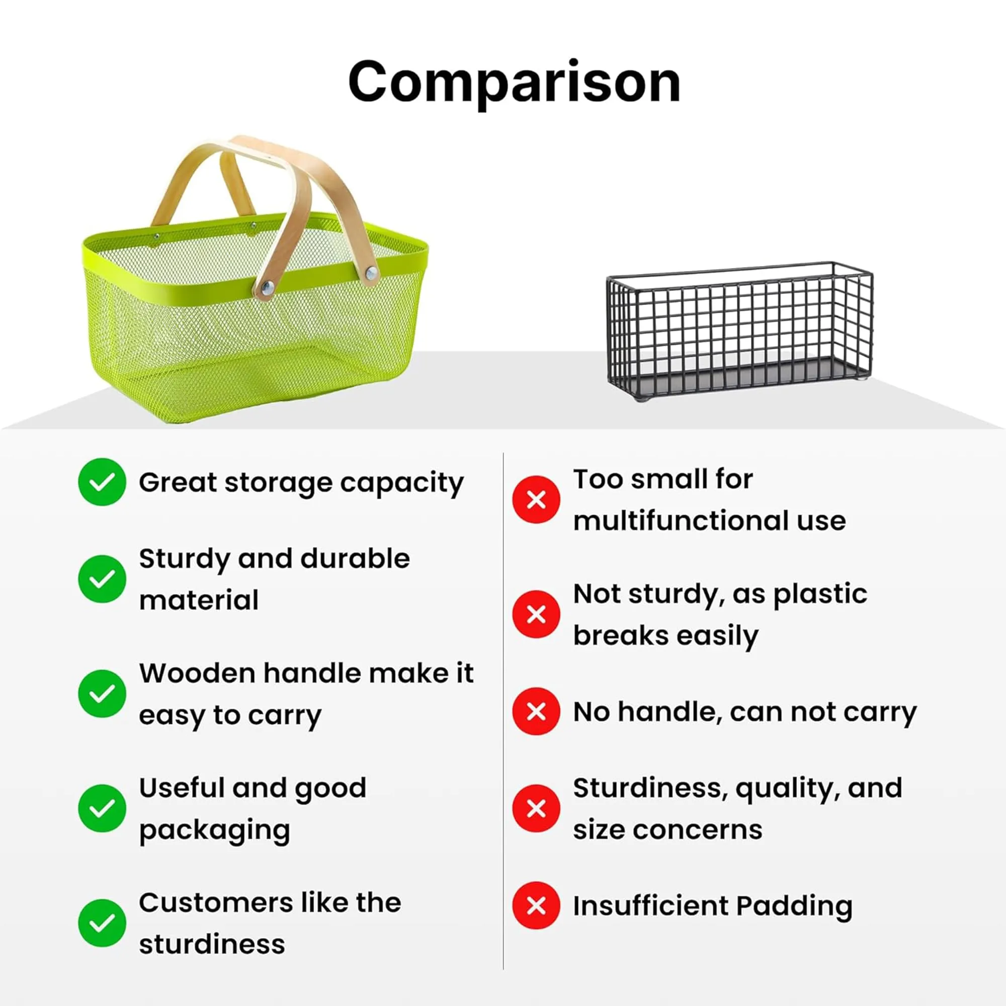 Homestic Rectangular Metal Mesh Basket for Storage with wooden handle | 720 Gm | Fruit Basket and Vegetable Basket for Kitchen | Kitchen Organizer |Multipurpose |Green |Pack of 2