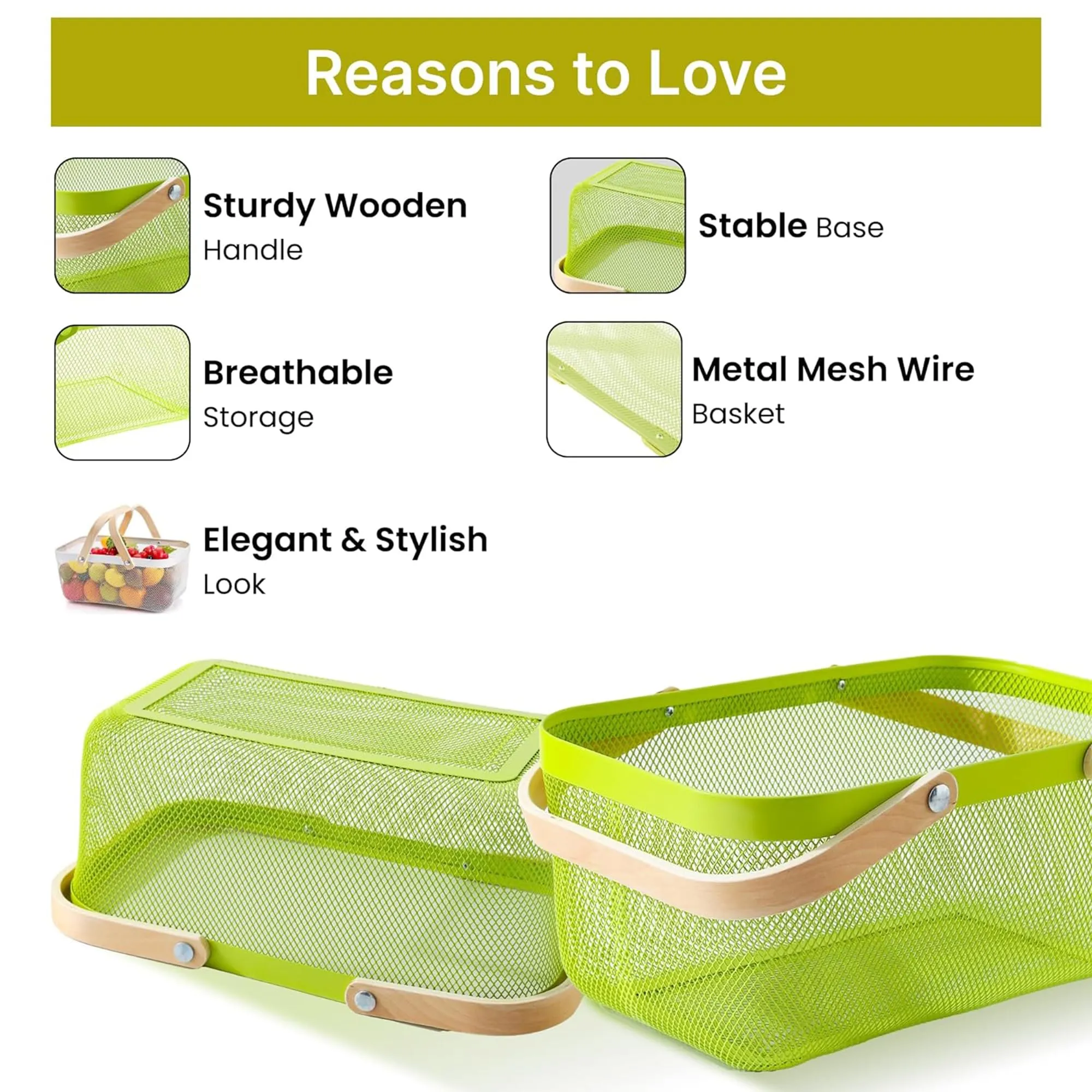 Homestic Rectangular Metal Mesh Basket for Storage with wooden handle | 720 Gm | Fruit Basket and Vegetable Basket for Kitchen | Kitchen Organizer |Multipurpose |Green |Pack of 2