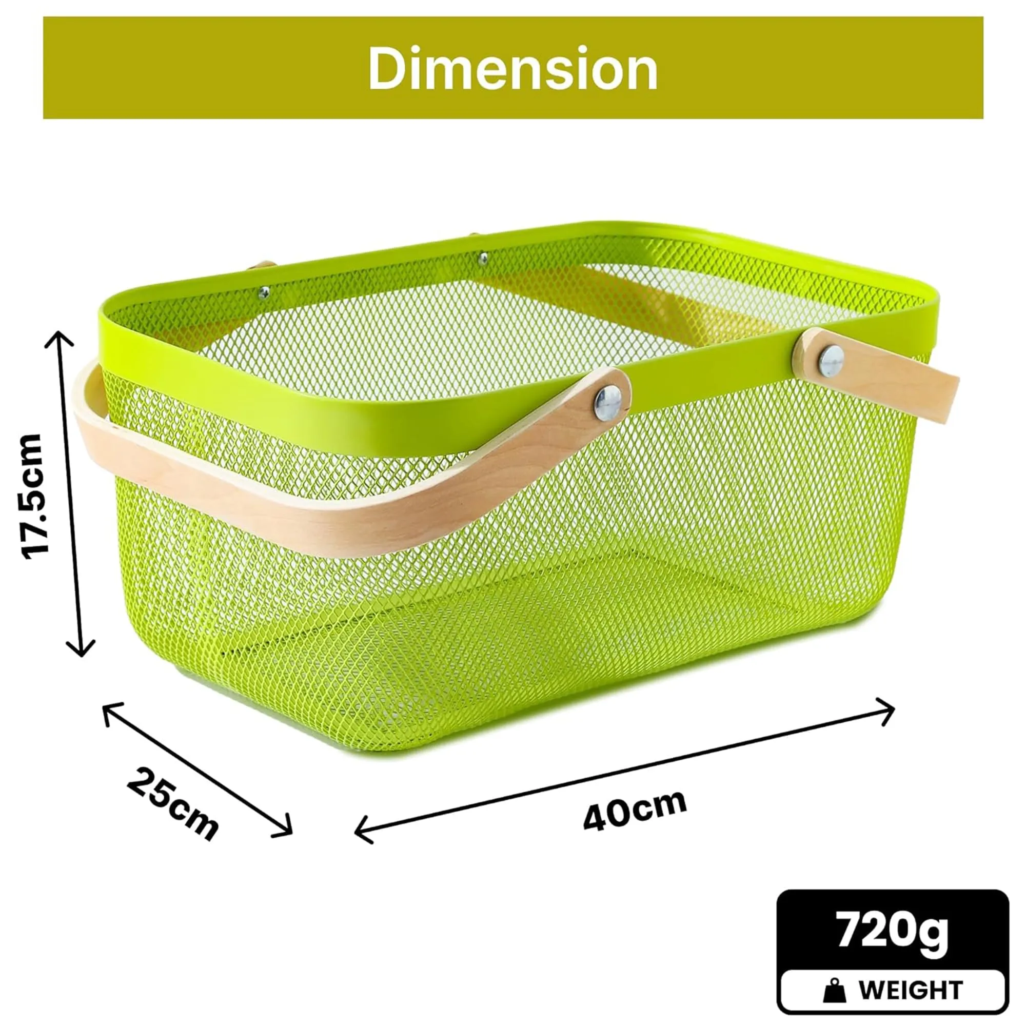 Homestic Rectangular Metal Mesh Basket for Storage with wooden handle | 720 Gm | Fruit Basket and Vegetable Basket for Kitchen | Kitchen Organizer |Multipurpose |Green |Pack of 2