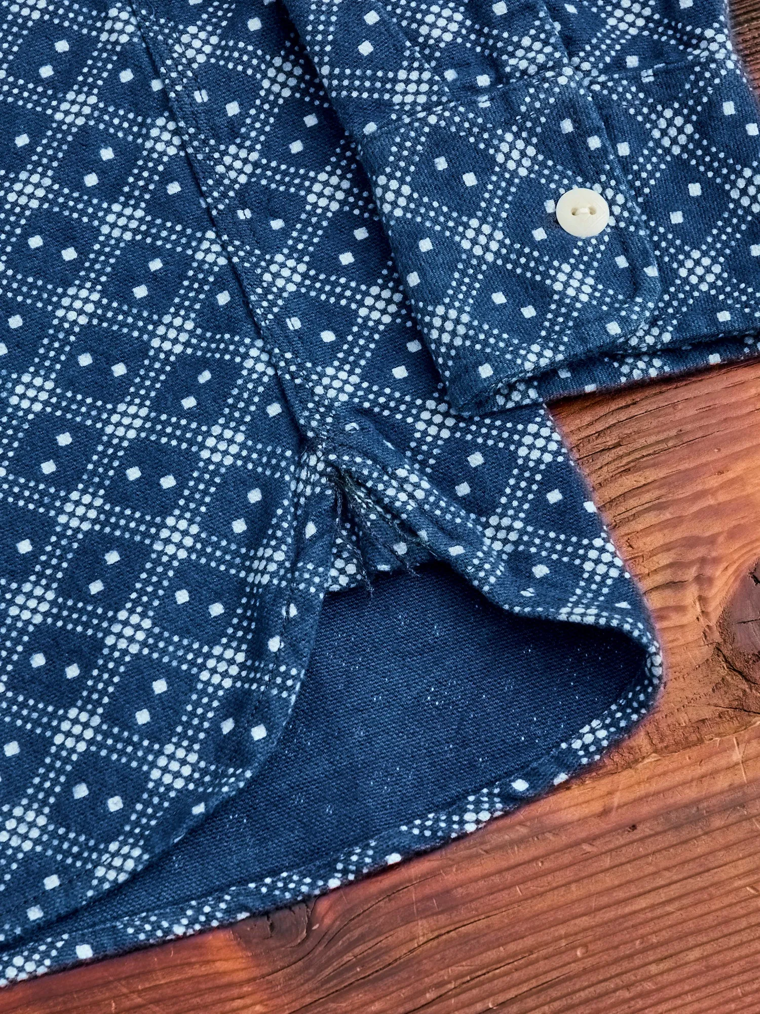 Indigo Discharge Diamond Flannel Shirt in Rinsed Indigo