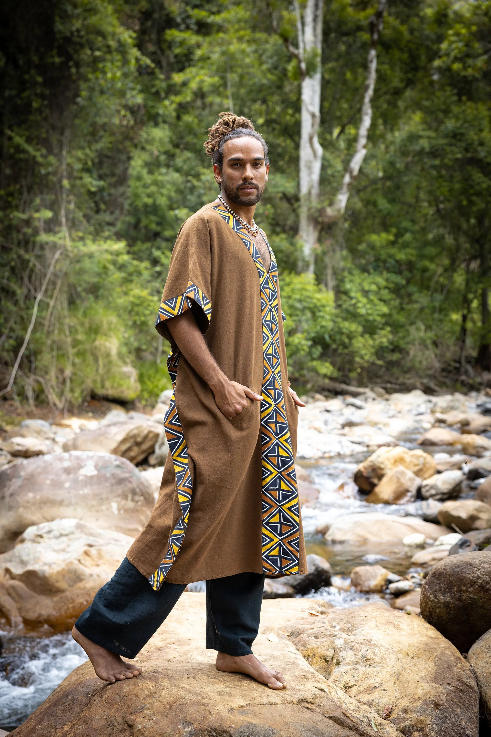 KAFATU Mens Beige Kaftan Kurta Top African Tribal Patterns Handmade Robe Natural Cotton with Pockets Ceremony Ritual Festival Boho AJJAYA