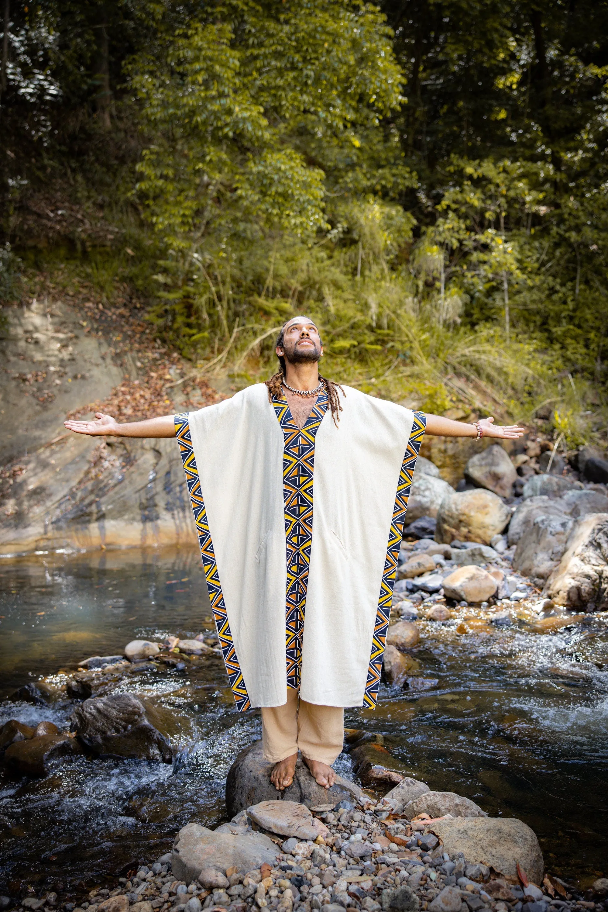 KAFATU Mens Beige Kaftan Kurta Top African Tribal Patterns Handmade Robe Natural Cotton with Pockets Ceremony Ritual Festival Boho AJJAYA