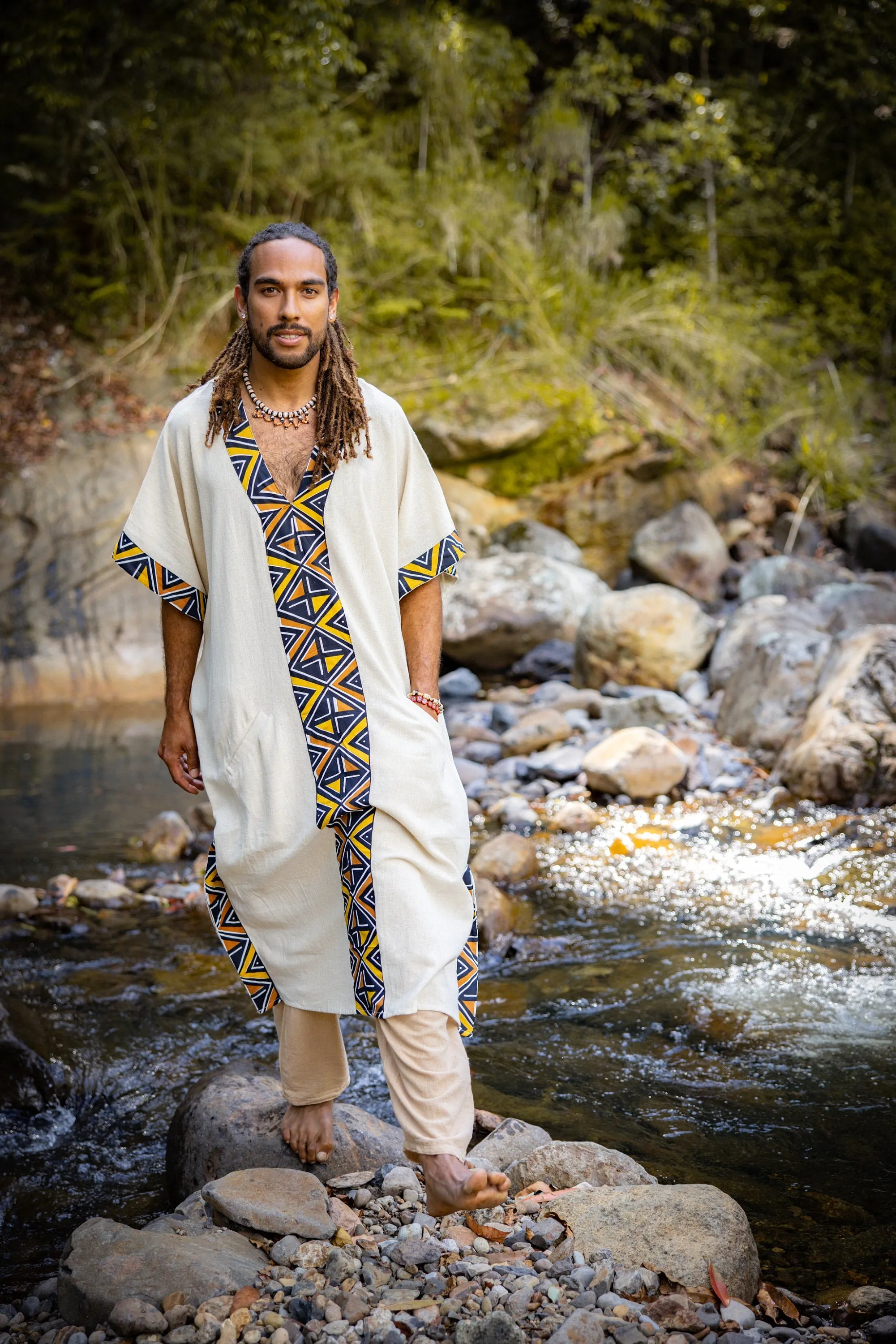 KAFATU Mens Beige Kaftan Kurta Top African Tribal Patterns Handmade Robe Natural Cotton with Pockets Ceremony Ritual Festival Boho AJJAYA