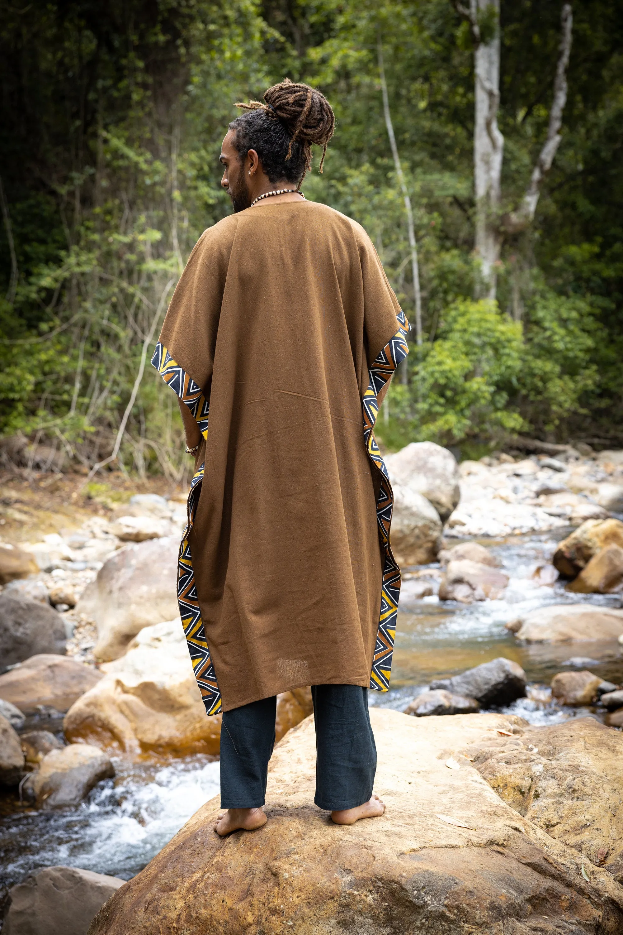 KAFATU Mens Brown Kaftan Kurta Top African Tribal Patterns Handmade Robe Natural Cotton with Pockets Ceremony Ritual Festival Boho AJJAYA