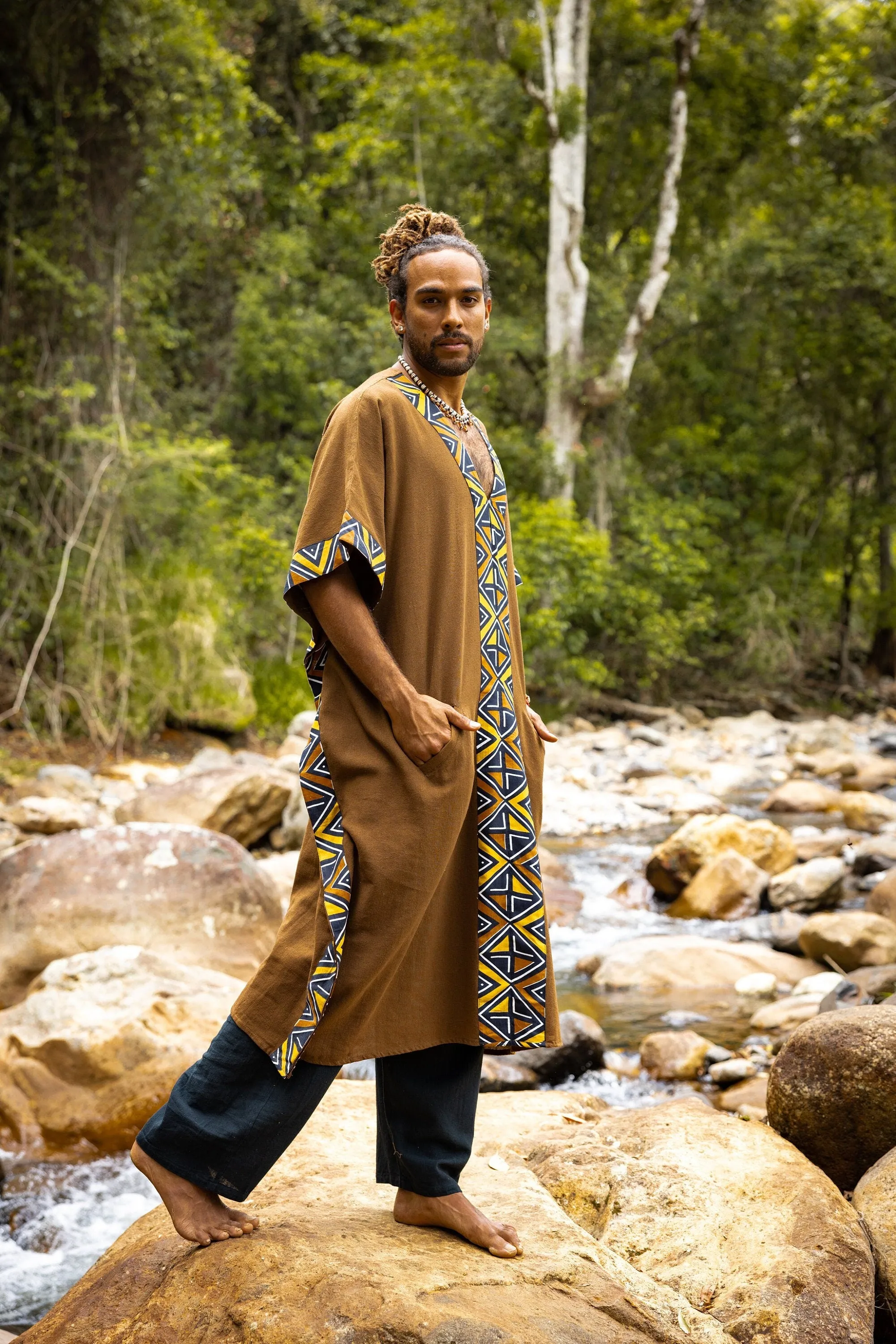 KAFATU Mens Brown Kaftan Kurta Top African Tribal Patterns Handmade Robe Natural Cotton with Pockets Ceremony Ritual Festival Boho AJJAYA