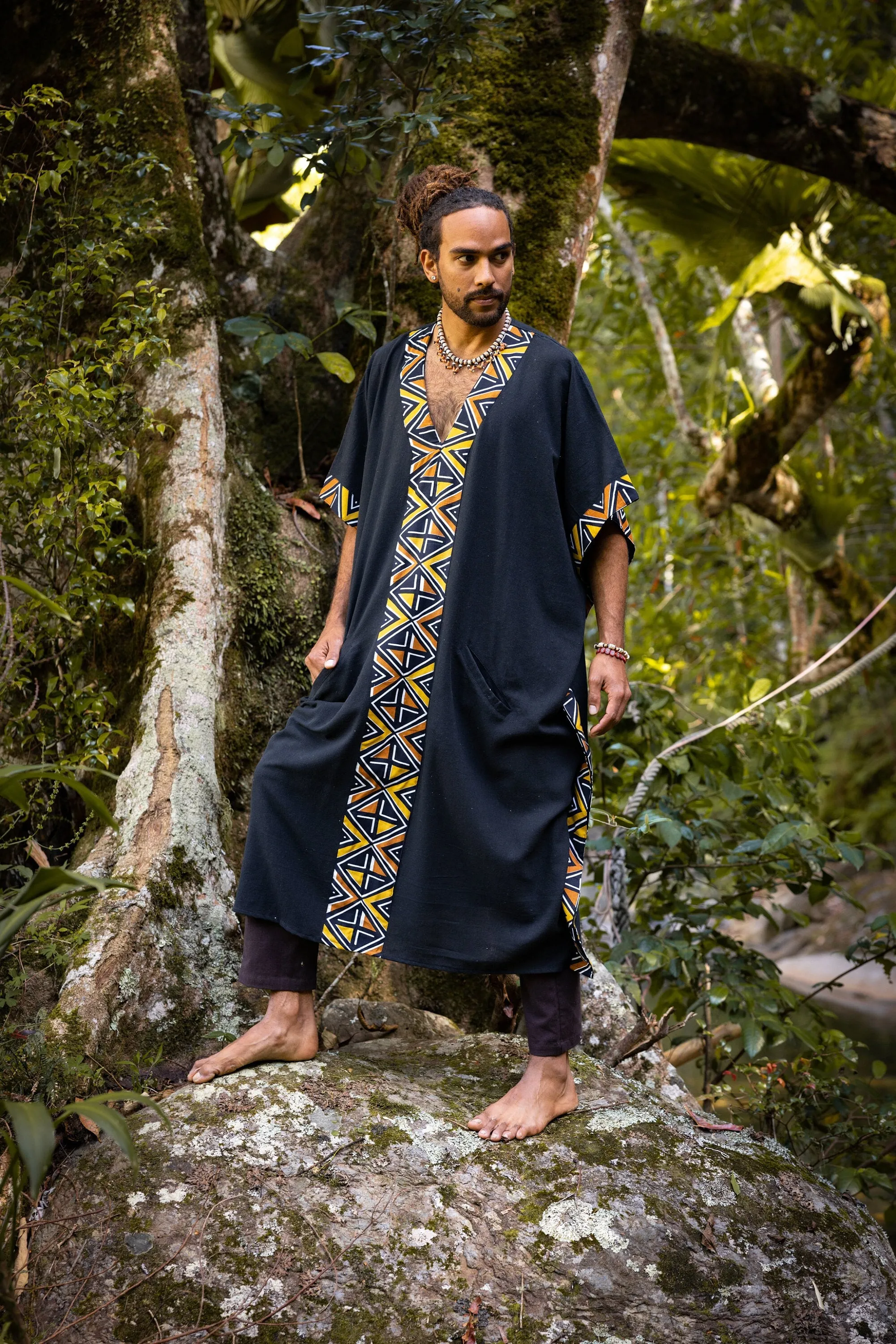 KAFATU Mens Brown Kaftan Kurta Top African Tribal Patterns Handmade Robe Natural Cotton with Pockets Ceremony Ritual Festival Boho AJJAYA