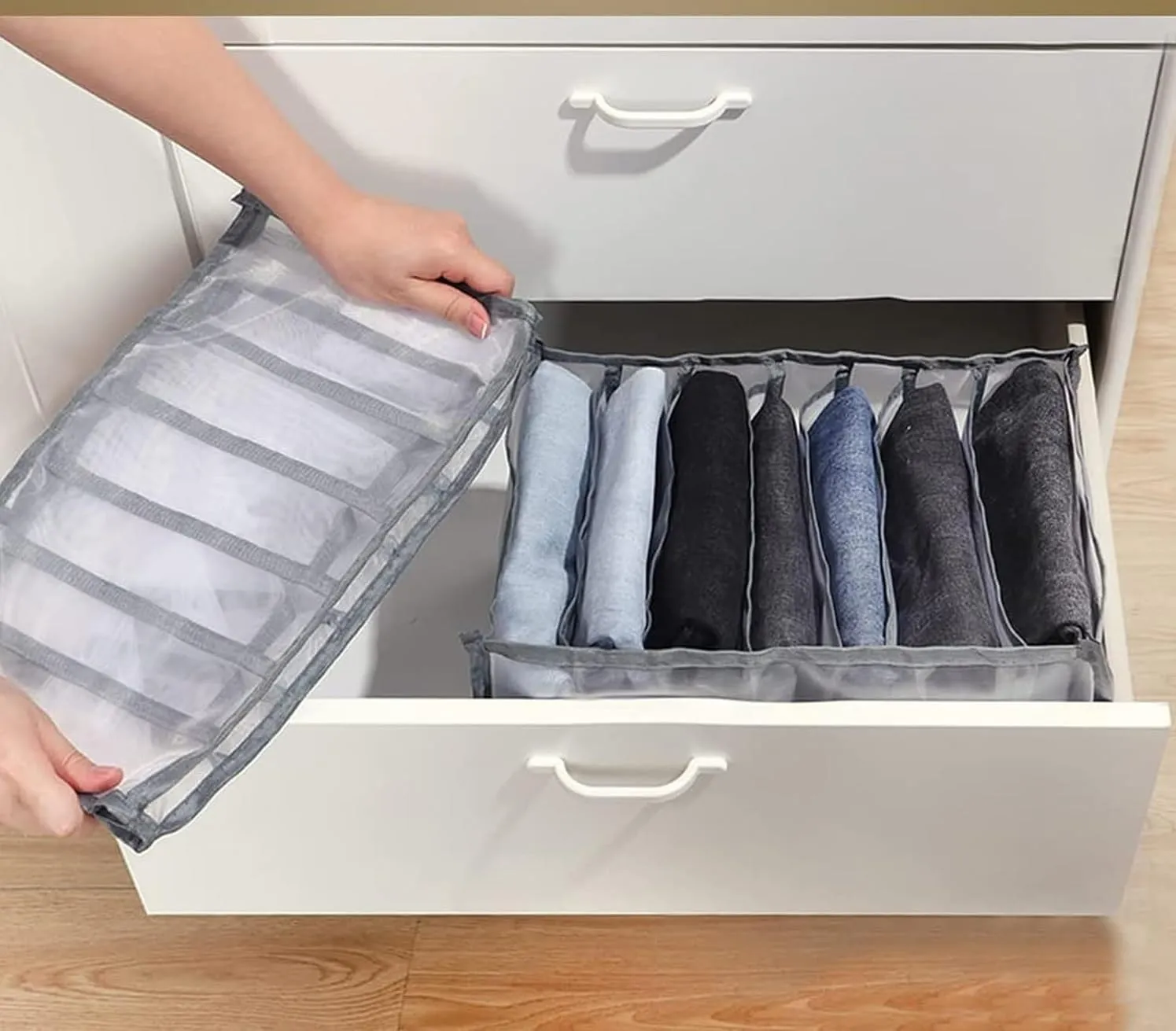 KriShyam® Clothes Organizer 7 Compartment Laundry Closet, Denim Clothes, for Jeans,Leggings,T-shirt Bras,Briefs, Organization and Storage Drawers(Cloth Organiser 7 Grid Mess)