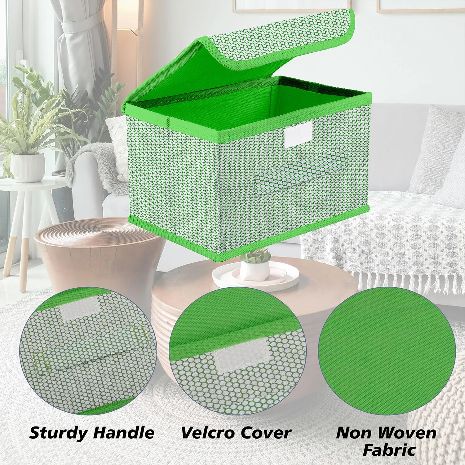 Kuber Industries Drawer Storage Box | Zig Zag Dhakkan Storage Box | Non-Woven Clothes Organizer For Toys | Storage Box with Handle | Medium | Green